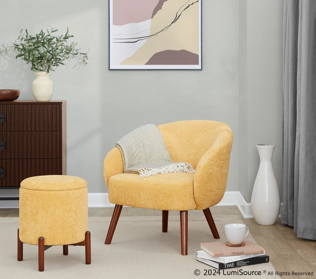 Ashland Lounge Chair - Walnut Wood, Yellow Fabric