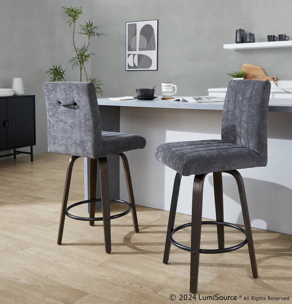 Hank 26" Fixed-Height Counter Stool - Set of 2 - Walnut Glazed Wood, Black Fabric, Black Metal