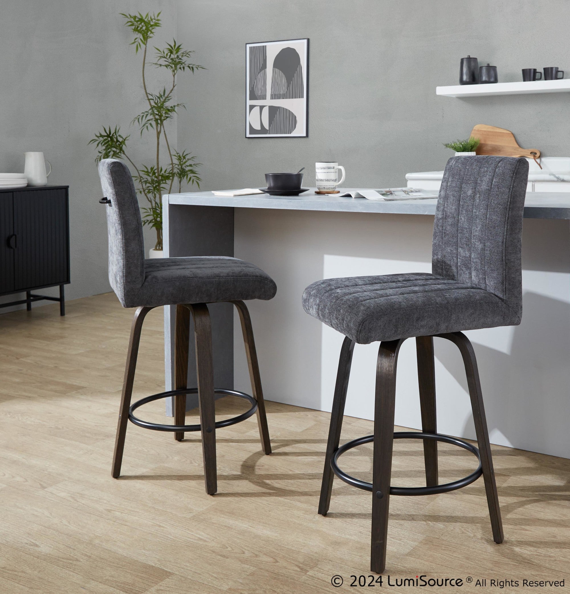 Hank 26" Fixed-Height Counter Stool - Set of 2 - Walnut Glazed Wood, Black Fabric, Black Metal