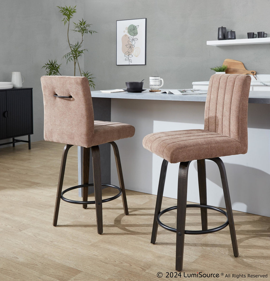 Hank 26" Fixed-Height Counter Stool - Set of 2 - Walnut Glazed Wood, Brown Fabric, Black Metal