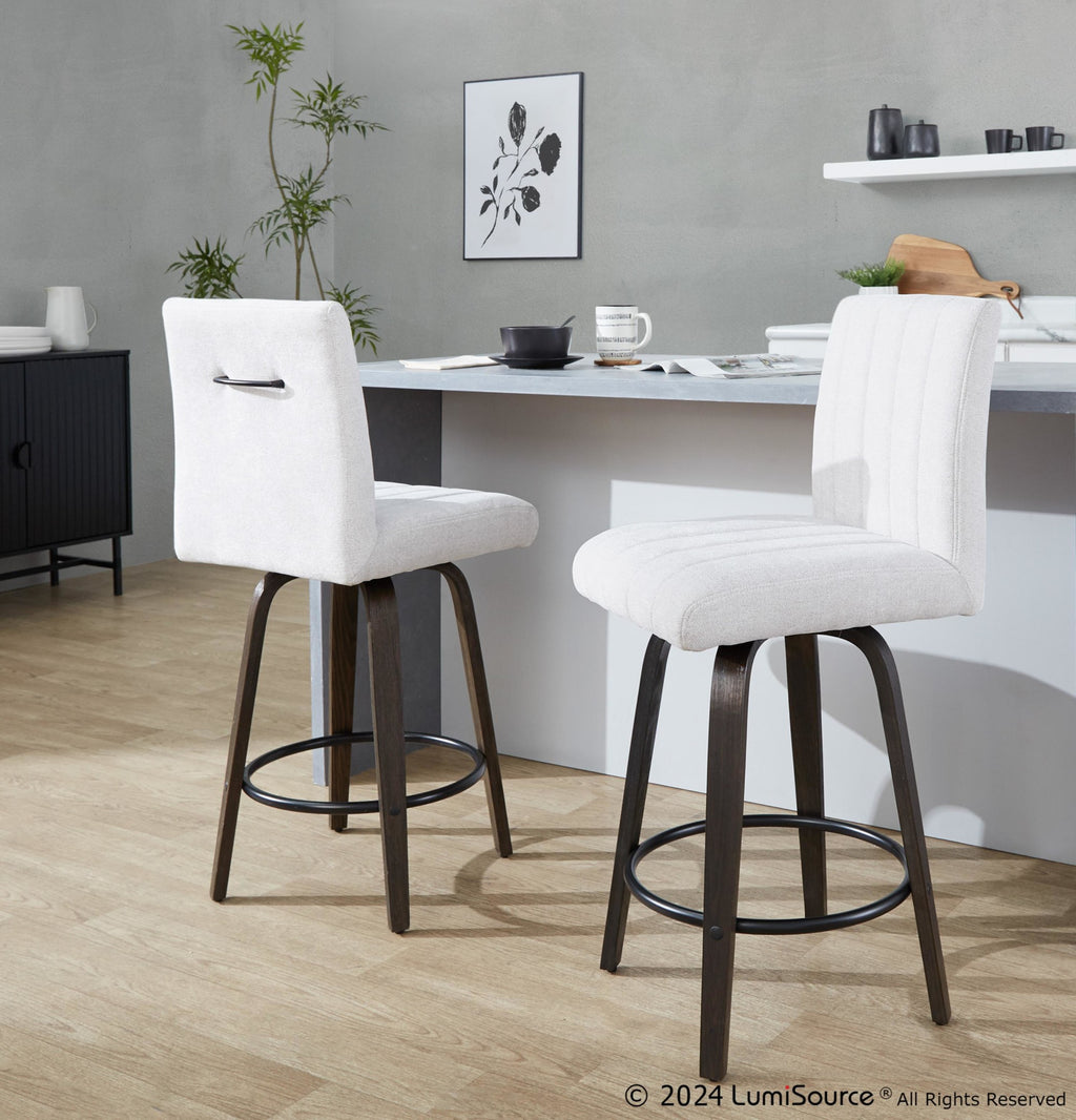 Hank 26" Fixed-Height Counter Stool - Set of 2 - Walnut Glazed Wood, Light Grey Fabric, Black Metal