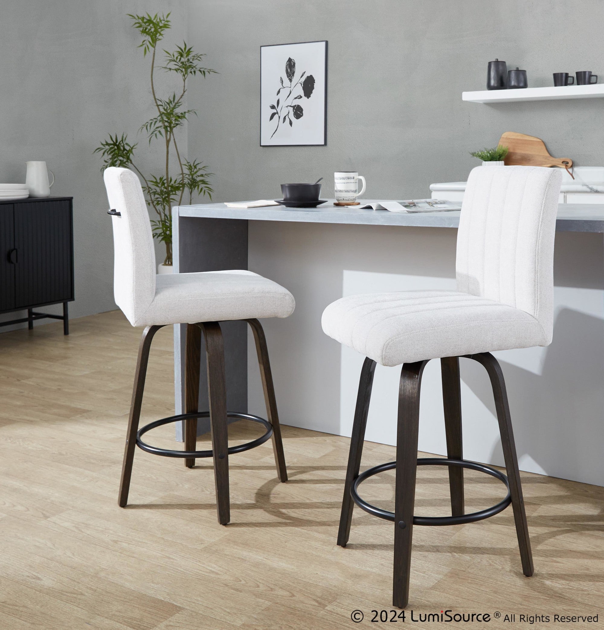 Hank 26" Fixed-Height Counter Stool - Set of 2 - Walnut Glazed Wood, Light Grey Fabric, Black Metal