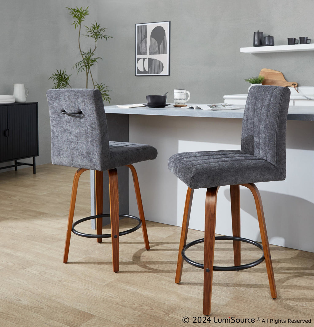 Hank 26" Fixed-Height Counter Stool - Set of 2 - Walnut Wood, Black Fabric, Black Metal
