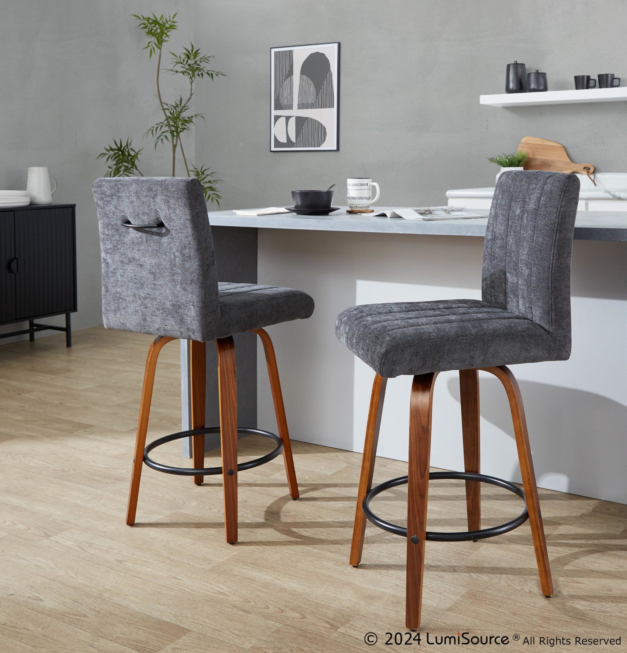 Hank 26" Fixed-Height Counter Stool - Set of 2 - Walnut Wood, Black Fabric, Black Metal
