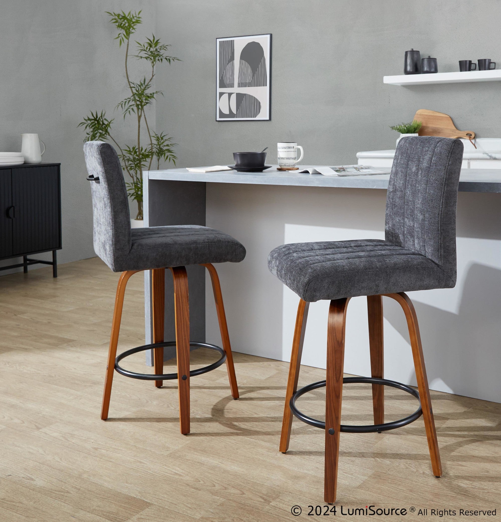 Hank 26" Fixed-Height Counter Stool - Set of 2 - Walnut Wood, Black Fabric, Black Metal