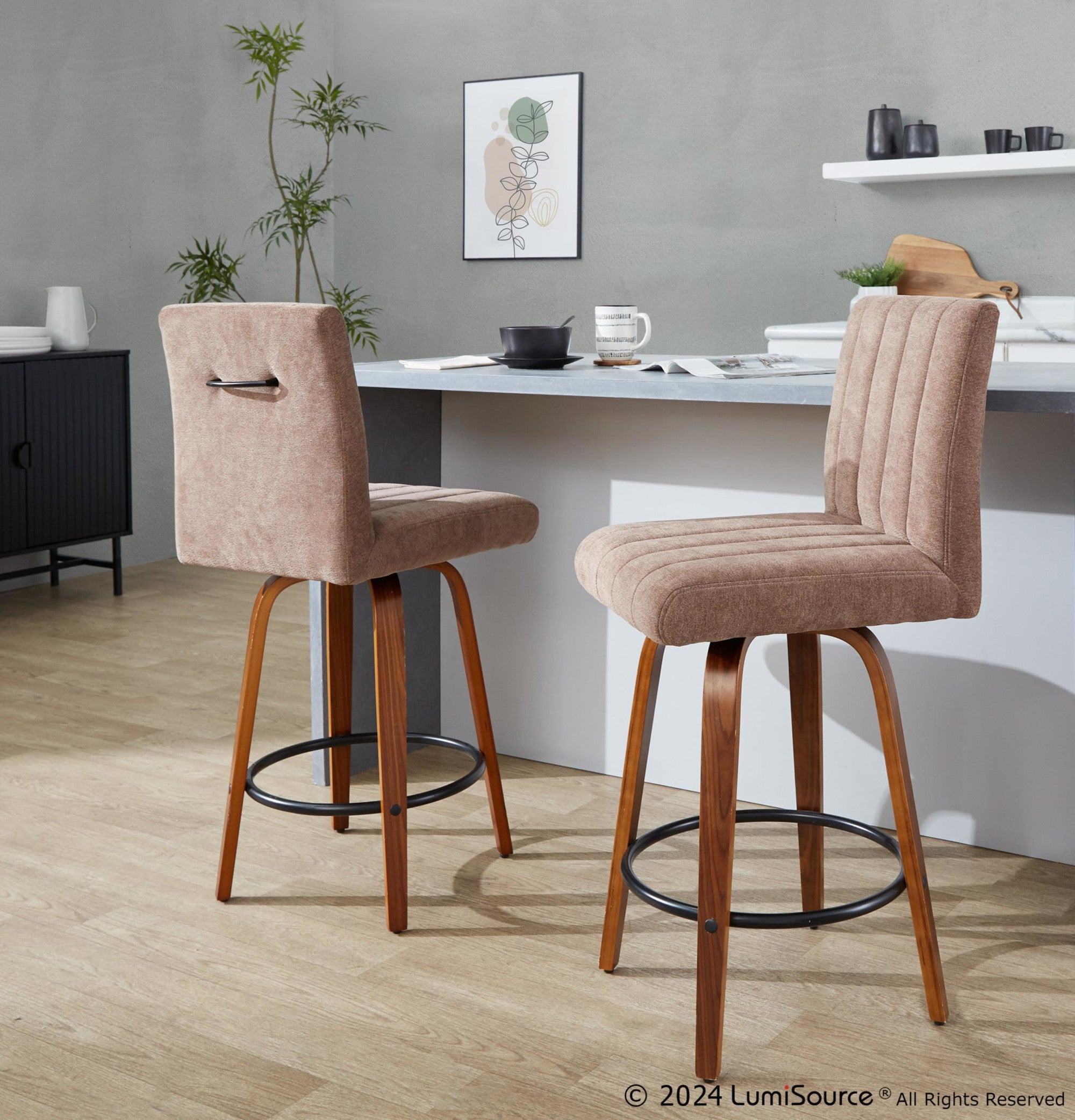 Hank 26" Fixed-Height Counter Stool - Set of 2 - Whitewashed Wood, Brown Fabric, Black Metal