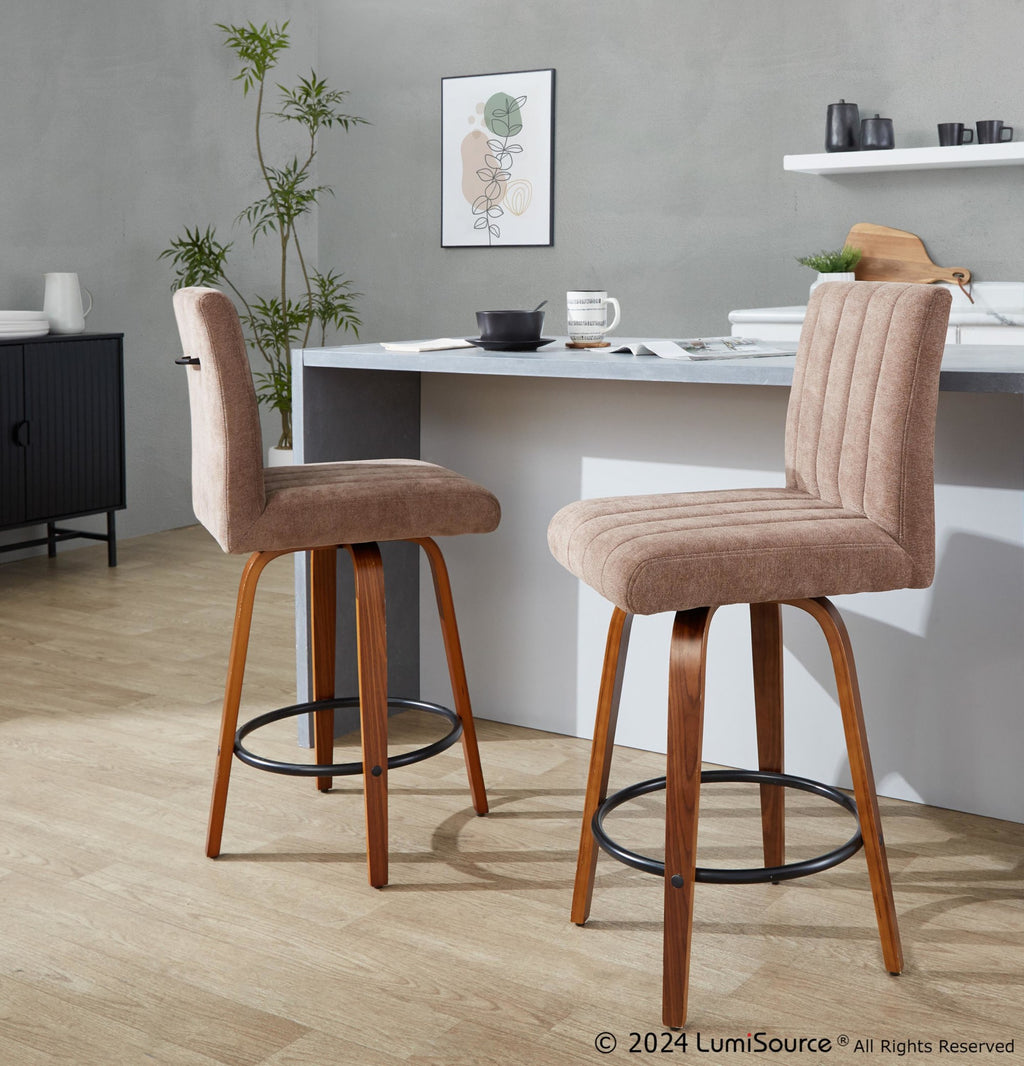 Hank 26" Fixed-Height Counter Stool - Set of 2 - Whitewashed Wood, Brown Fabric, Black Metal