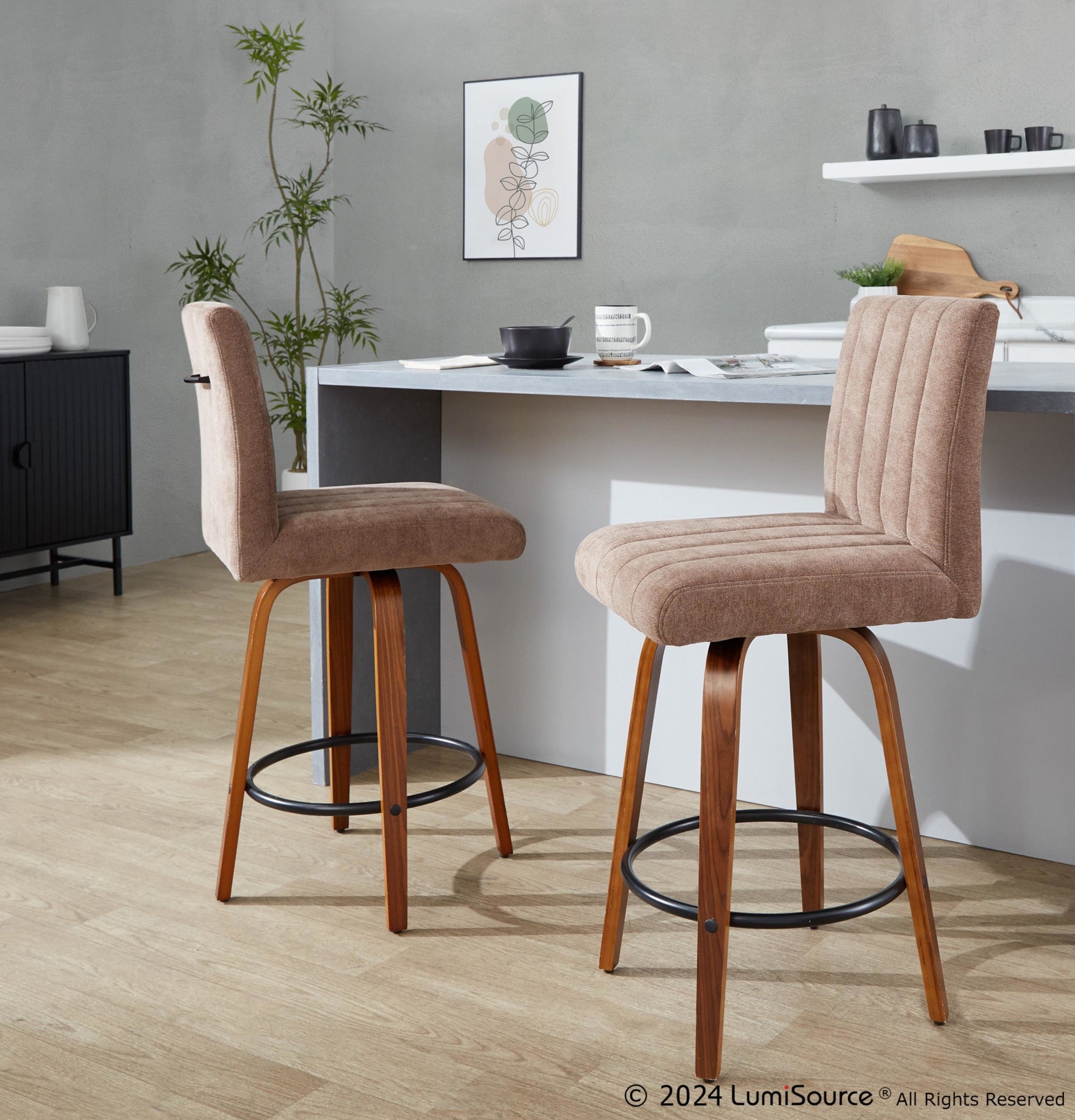Hank 26" Fixed-Height Counter Stool - Set of 2 - Whitewashed Wood, Brown Fabric, Black Metal