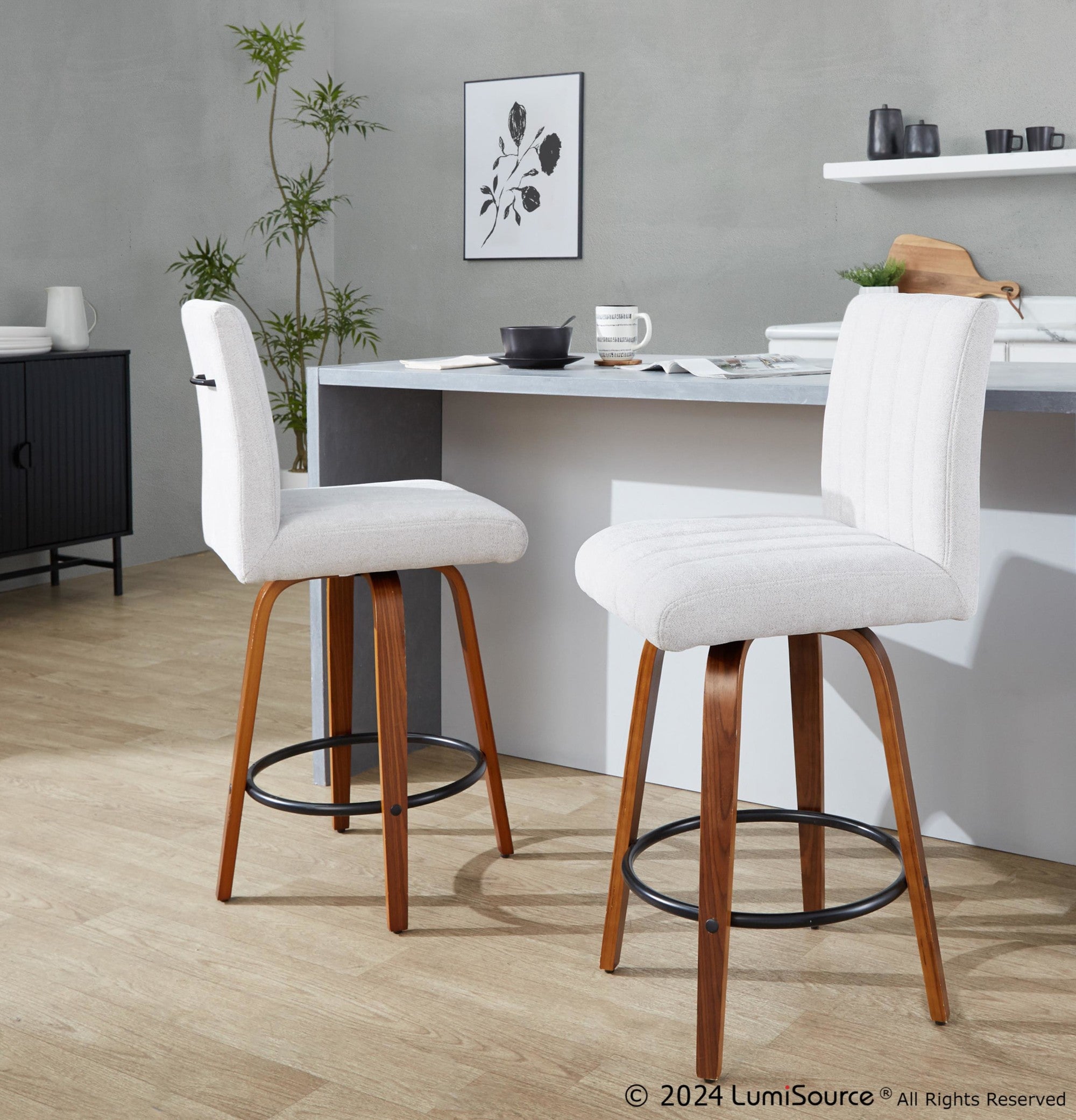 Hank 26" Fixed-Height Counter Stool - Set of 2 - Walnut Wood, Light Grey Fabric, Black Metal