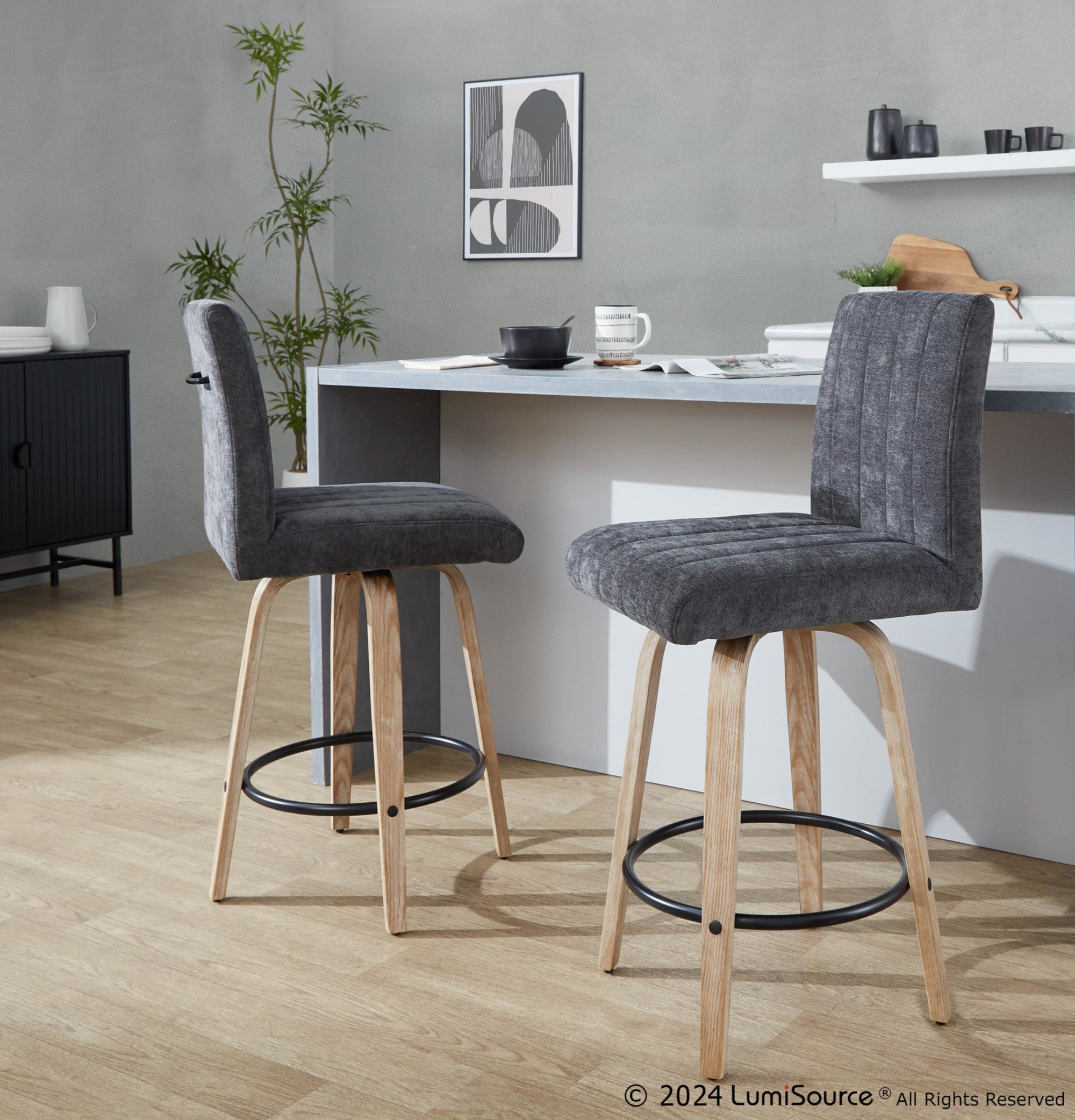 Hank 26" Fixed-Height Counter Stool - Set of 2 - Whitewashed Wood, Black Fabric, Black Metal