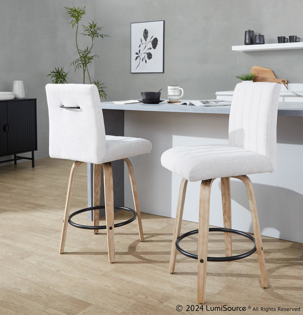 Hank 26" Fixed-Height Counter Stool - Set of 2 - Whitewashed Wood, Light Grey Fabric, Black Metal