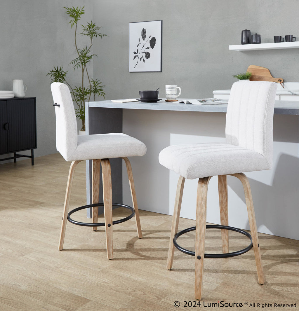 Hank 26" Fixed-Height Counter Stool - Set of 2 - Whitewashed Wood, Light Grey Fabric, Black Metal