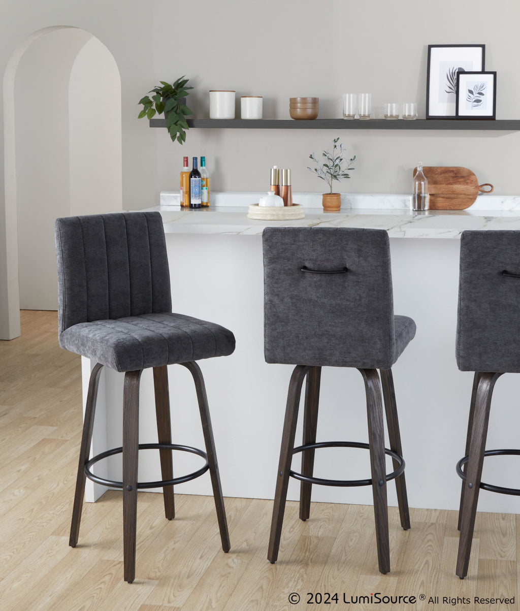 Hank 30" Fixed-Height Barstool - Set of 2 - Walnut Glazed Wood, Black Fabric, Black Metal