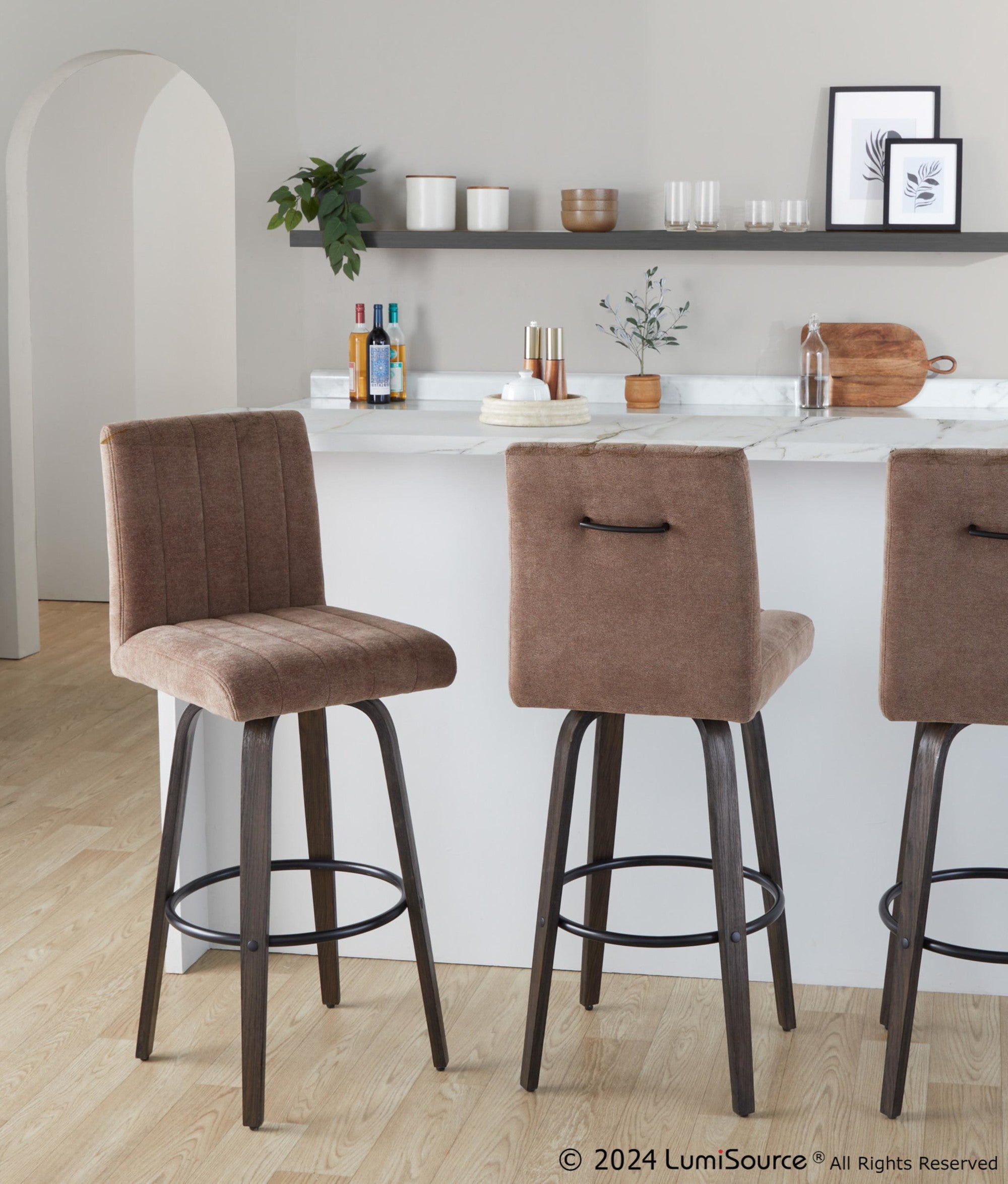 Hank 30" Fixed-Height Barstool - Set of 2 - Walnut Glazed Wood, Brown Fabric, Black Metal