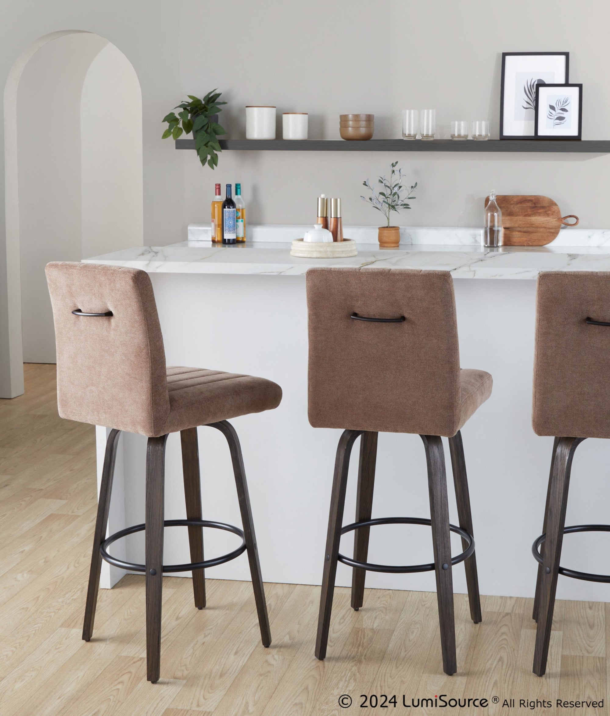 Hank 30" Fixed-Height Barstool - Set of 2 - Walnut Glazed Wood, Brown Fabric, Black Metal