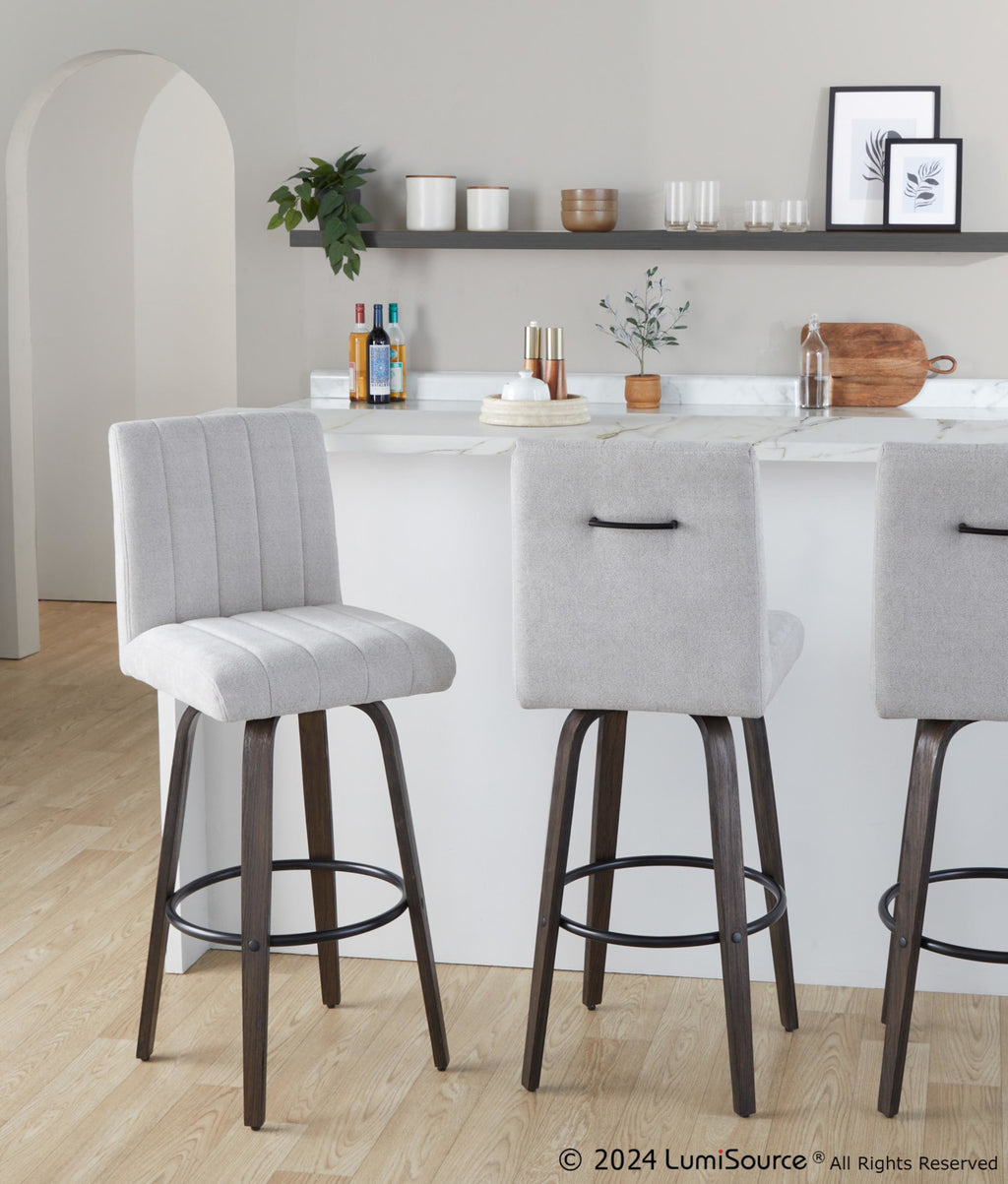 Hank 30" Fixed-Height Barstool - Set of 2 - Walnut Glazed Wood, Light Grey Fabric, Black Metal