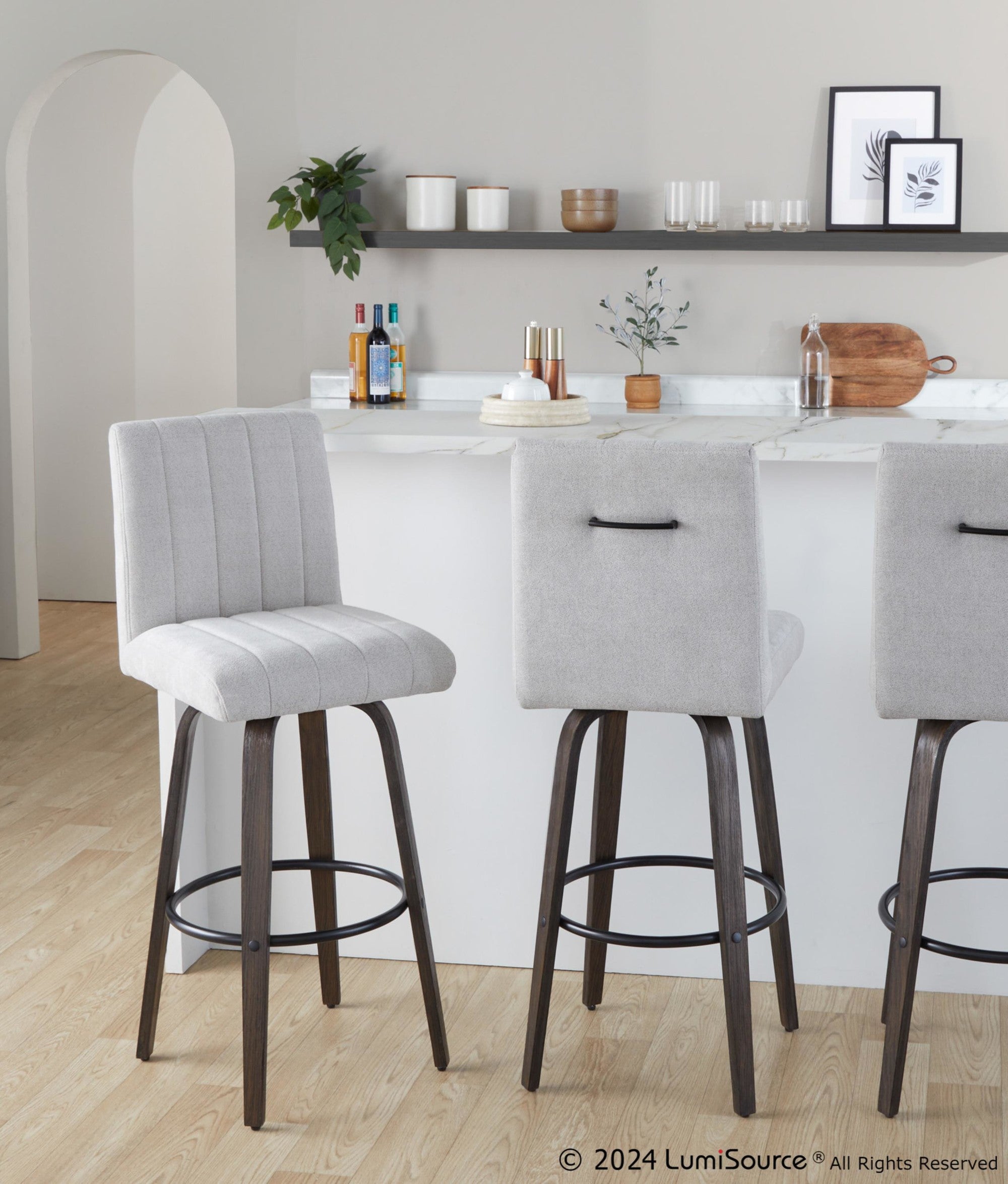 Hank 30" Fixed-Height Barstool - Set of 2 - Walnut Glazed Wood, Light Grey Fabric, Black Metal