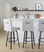 Hank 30" Fixed-Height Barstool - Set of 2 - Walnut Glazed Wood, Light Grey Fabric, Black Metal