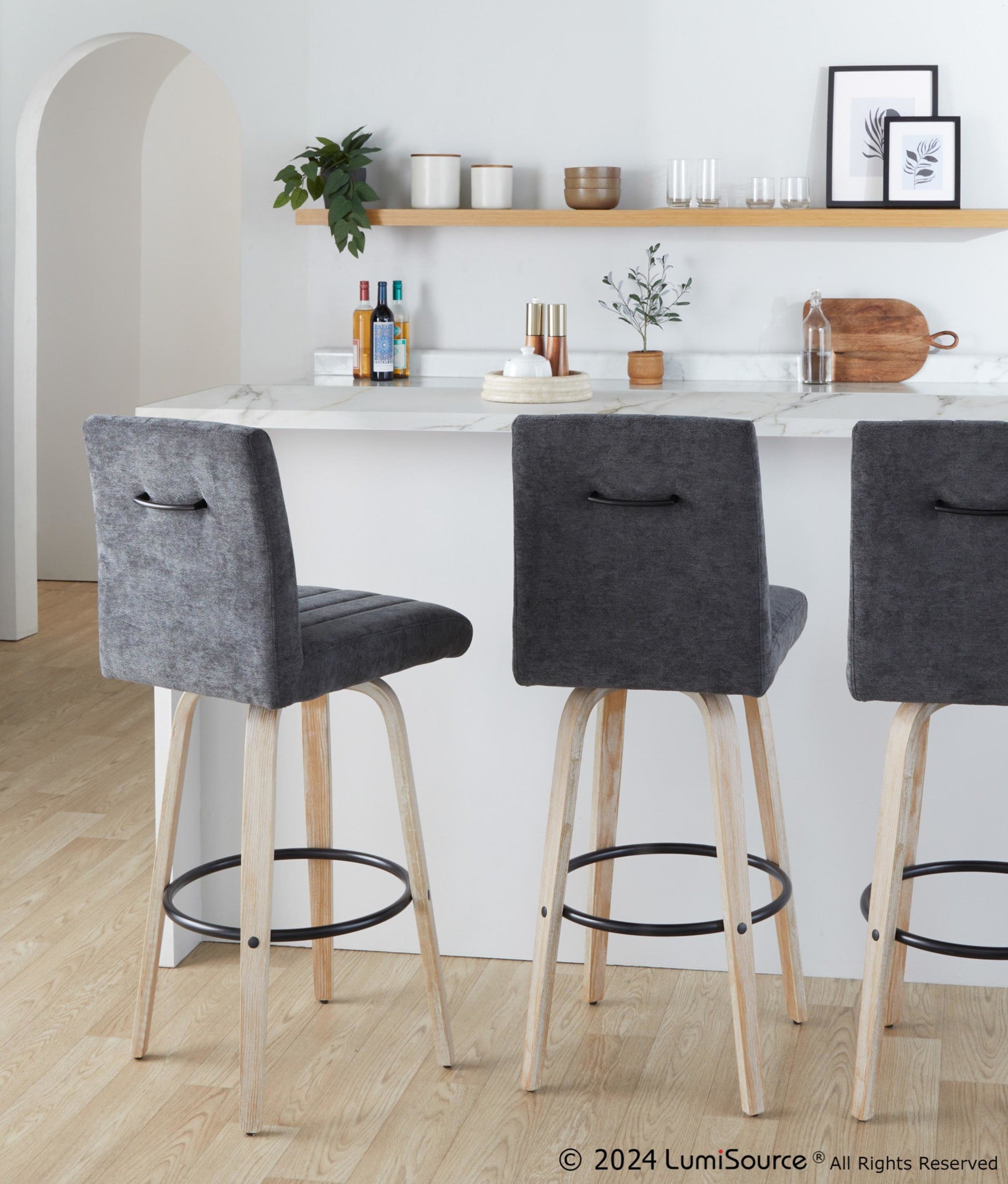 Hank 30" Fixed-Height Barstool - Set of 2 - Whitewashed Wood, Black Fabric, Black Metal