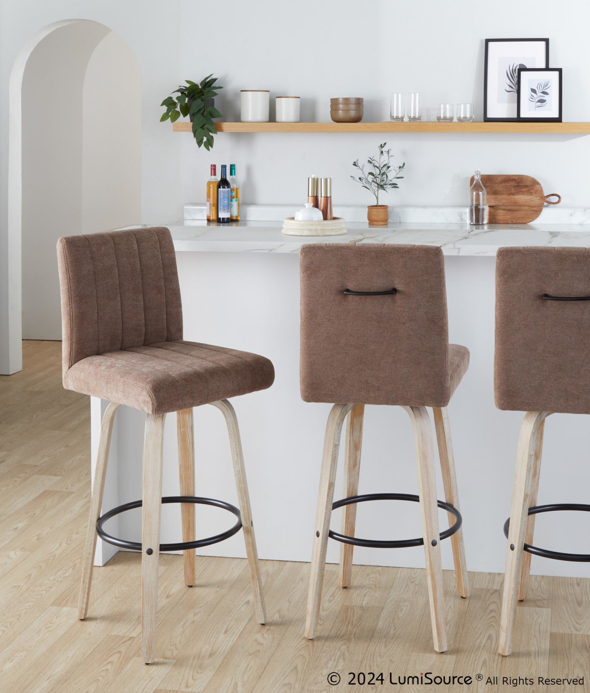 Hank 30" Fixed-Height Barstool - Set of 2 - Whitewashed Wood, Brown Fabric, Black Metal