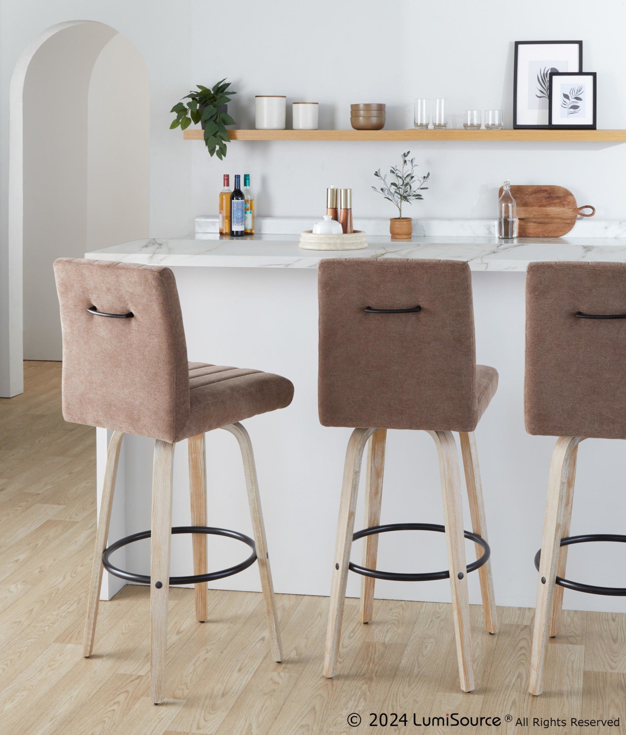 Hank 30" Fixed-Height Barstool - Set of 2 - Whitewashed Wood, Brown Fabric, Black Metal