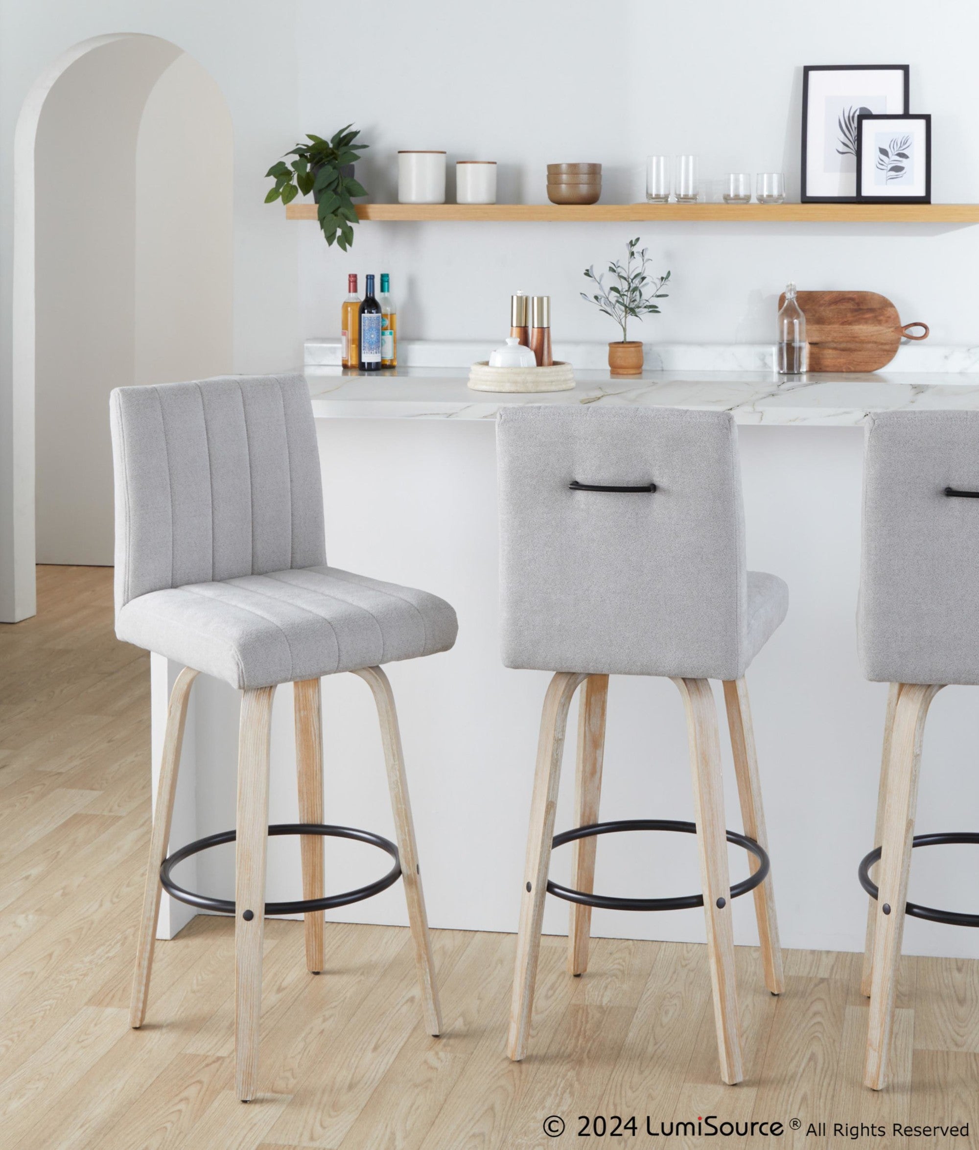Hank 30" Fixed-Height Barstool - Set of 2 - Whitewashed Wood, Light Grey Fabric, Black Metal