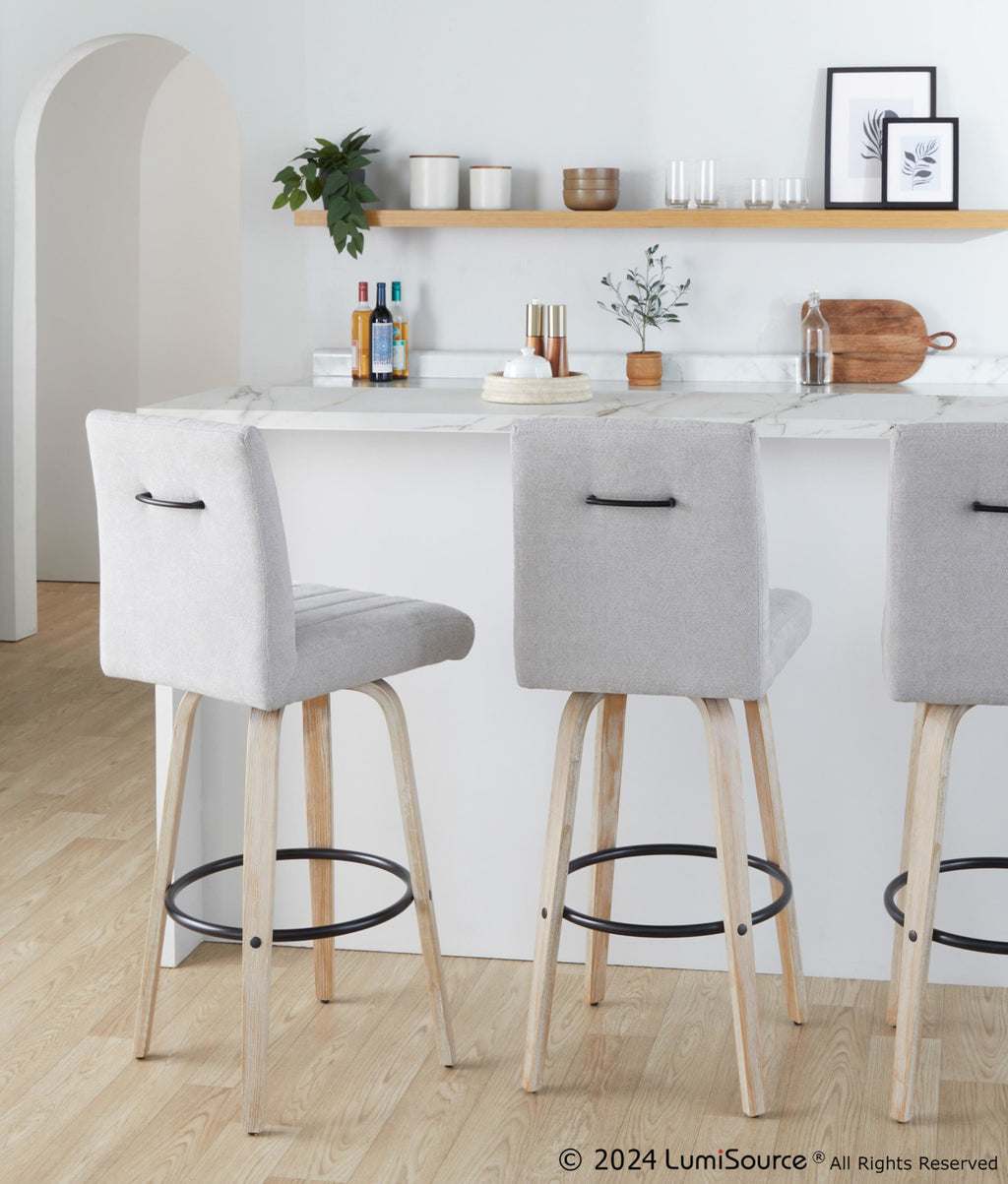Hank 30" Fixed-Height Barstool - Set of 2 - Whitewashed Wood, Light Grey Fabric, Black Metal