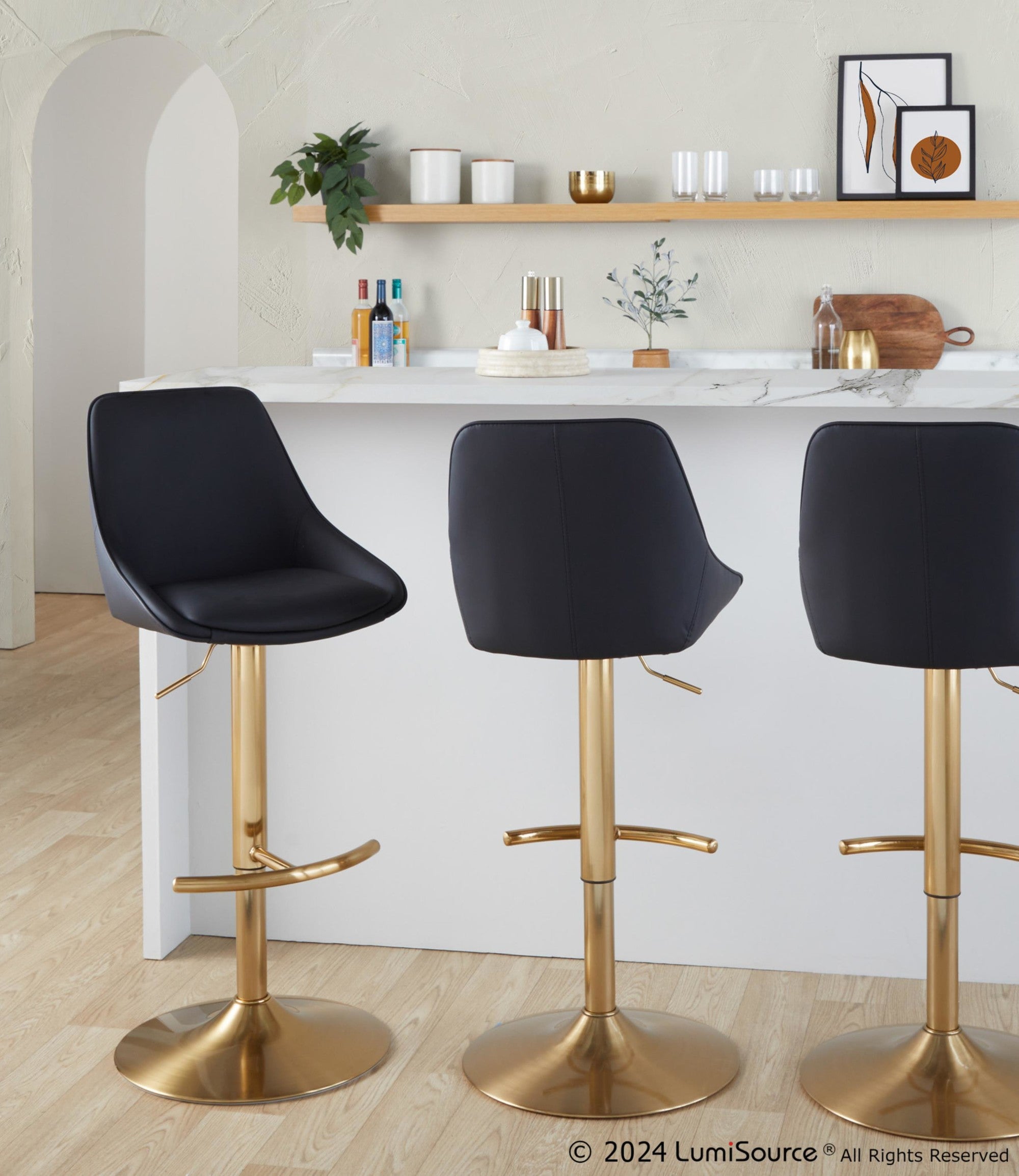 Diana Adjustable Barstool - Set of 2 - Gold Metal, Black PU