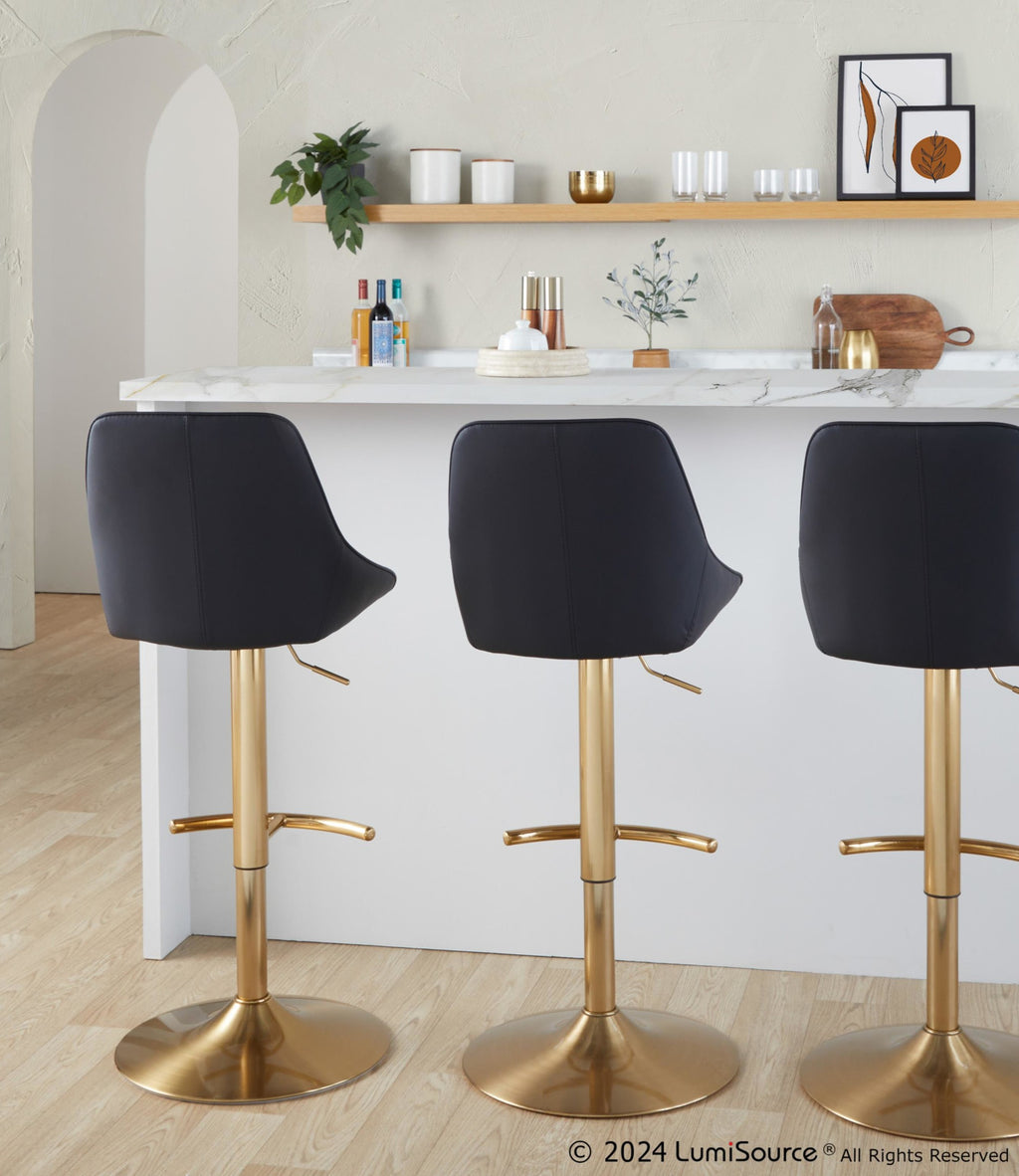 Diana Adjustable Barstool - Set of 2 - Gold Metal, Black PU
