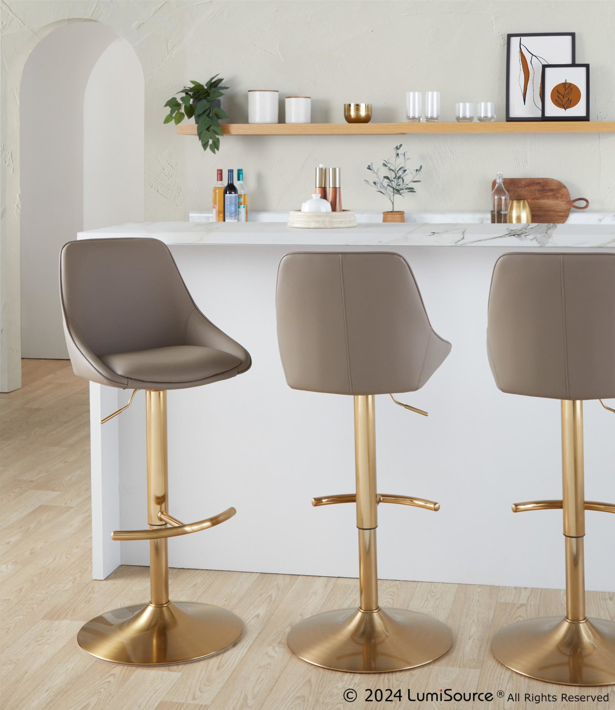 Diana Adjustable Barstool - Set of 2 - Gold Metal, Brown PU