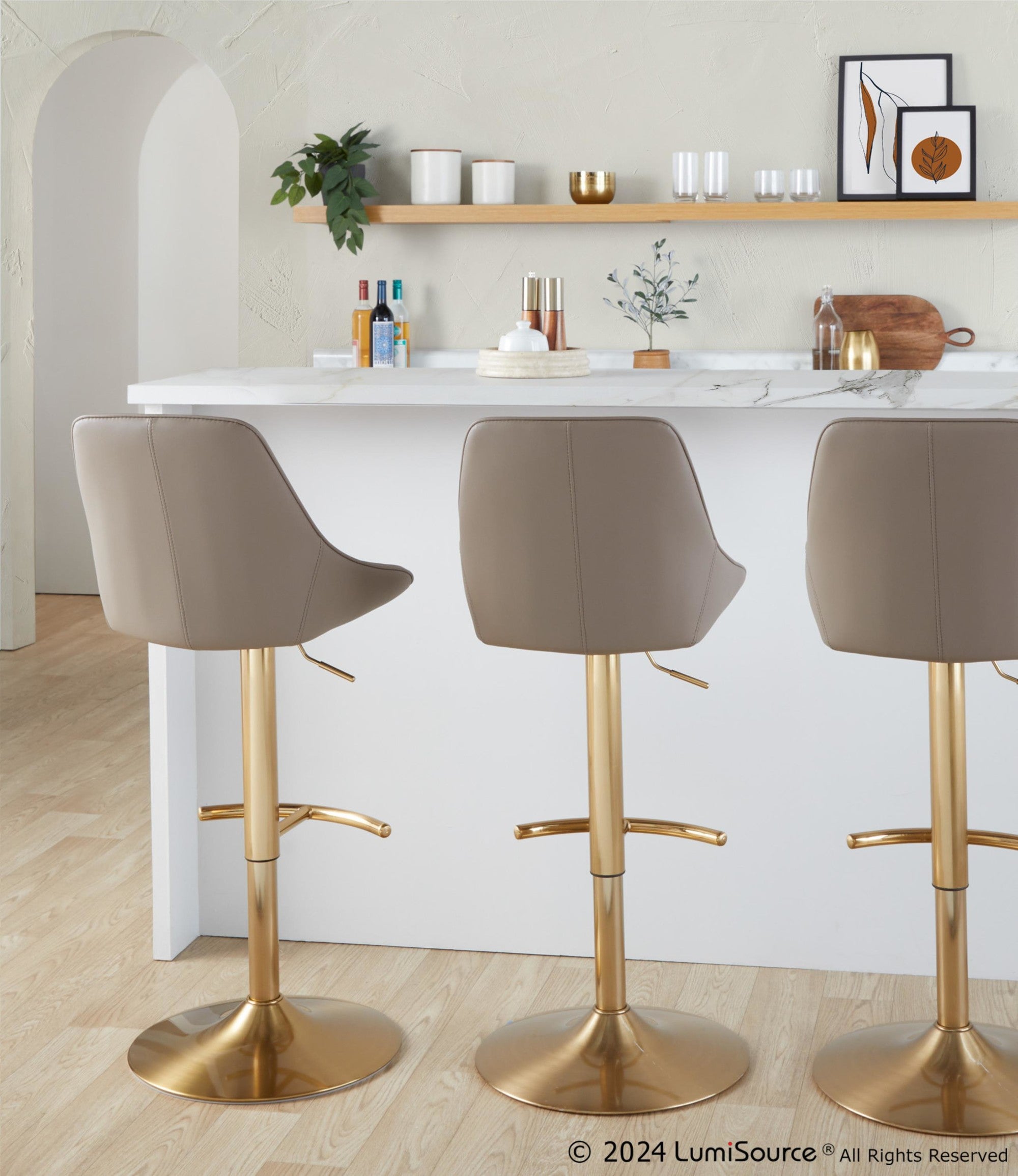 Diana Adjustable Barstool - Set of 2 - Gold Metal, Brown PU