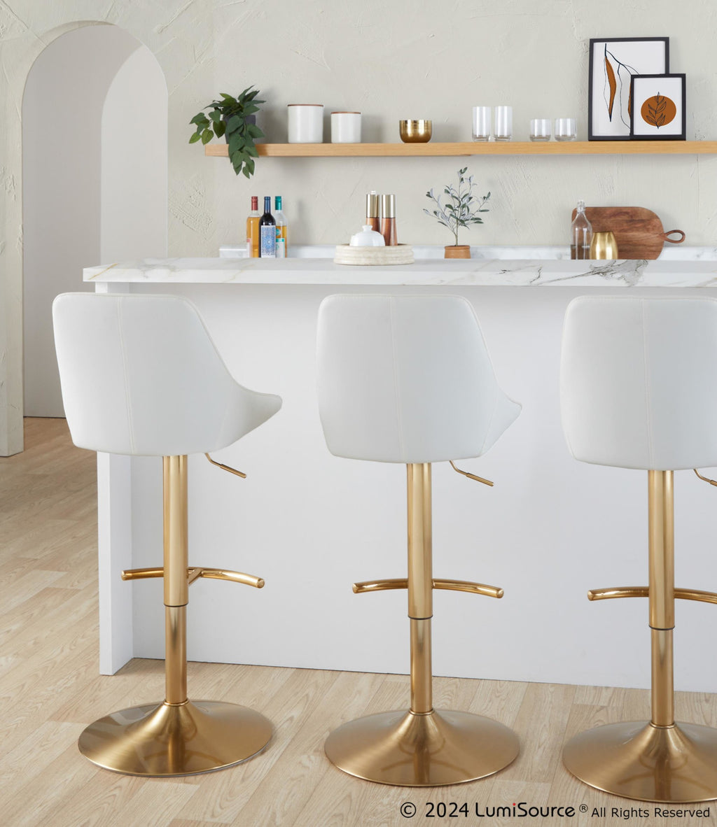 Diana Adjustable Barstool - Set of 2 - Gold Metal, White PU