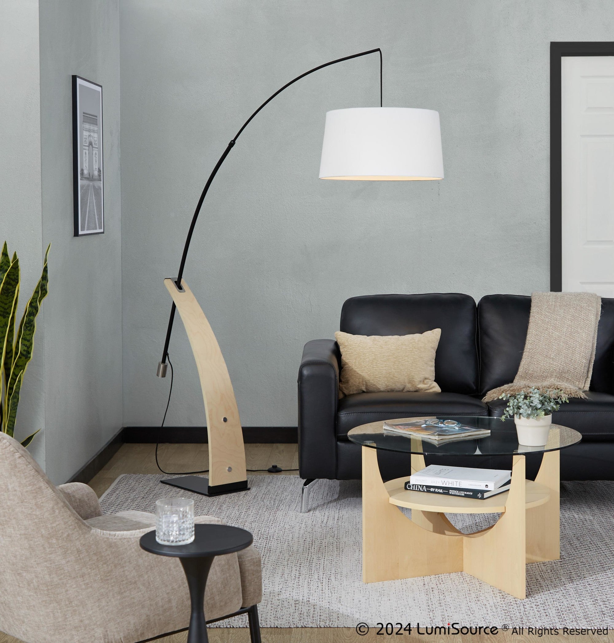 Robyn Floor Lamp - Natural Wood, Black Metal, White Linen