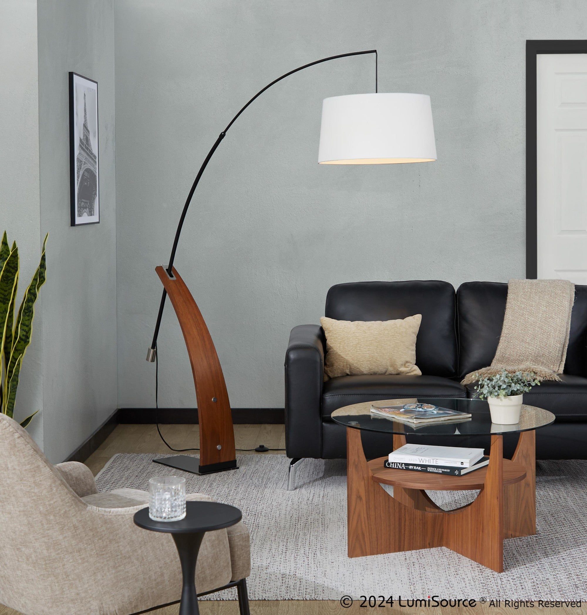 Robyn Floor Lamp - Walnut Wood, Black Metal, White Linen