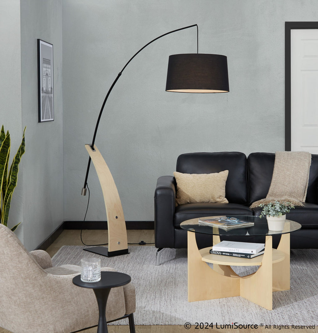 Robyn Floor Lamp - Natural Wood, Black Metal, Black Linen