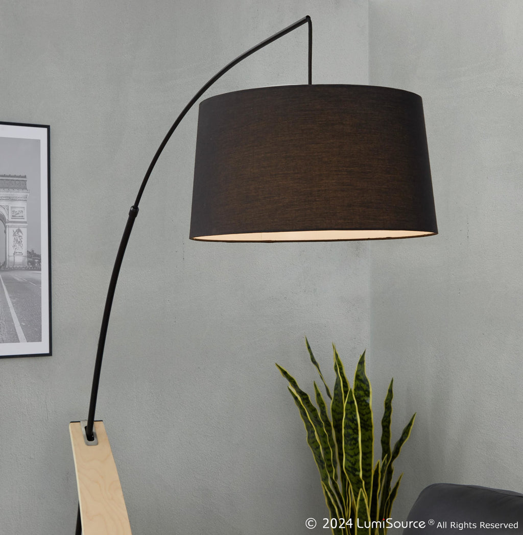 Robyn Floor Lamp - Natural Wood, Black Metal, Black Linen
