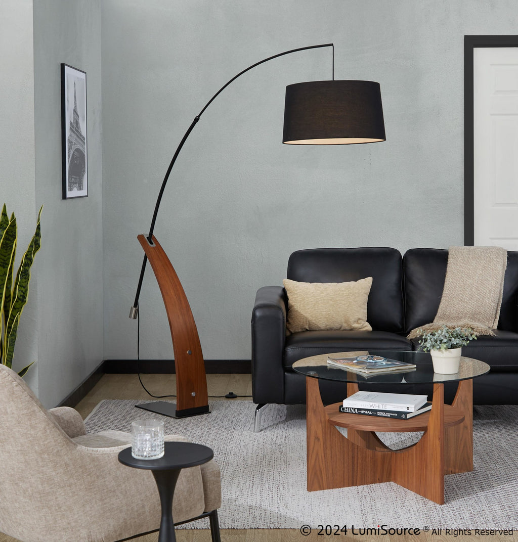 Robyn Floor Lamp - Walnut Wood, Black Metal, Black Linen