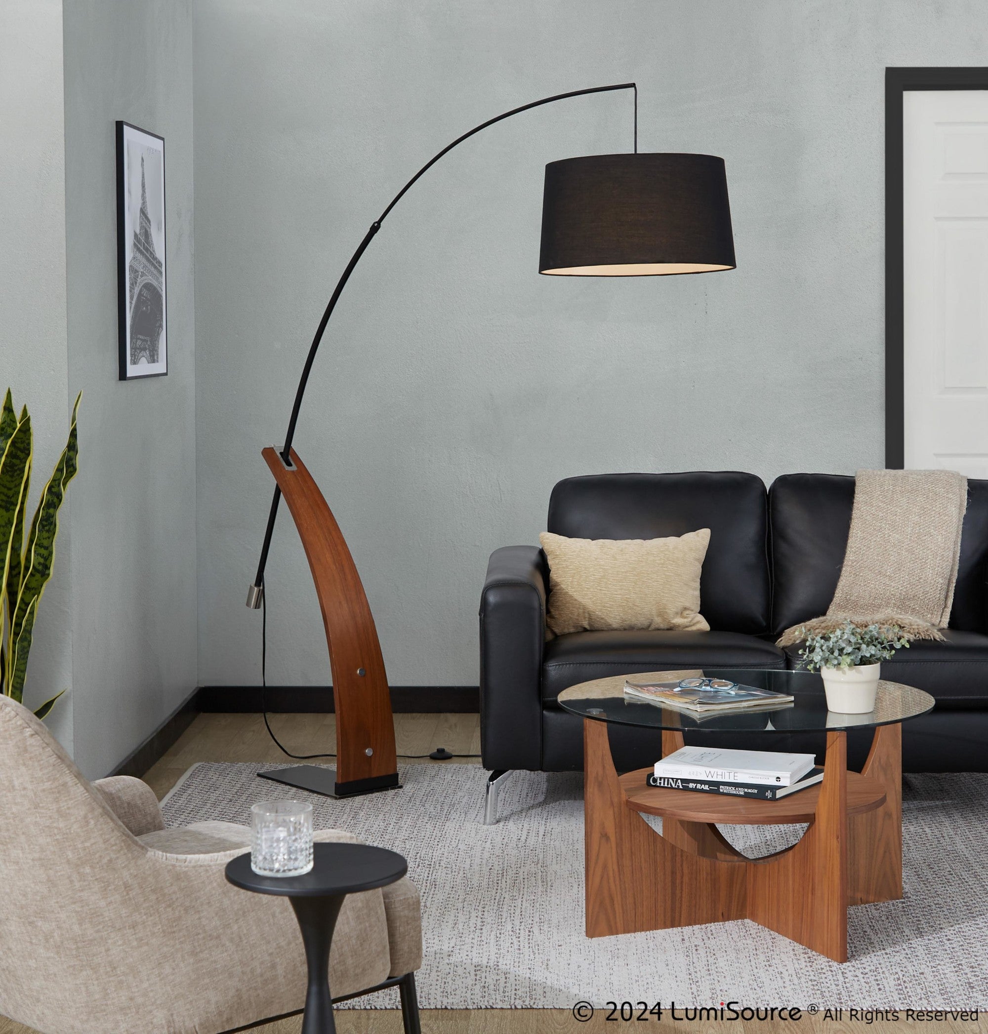 Robyn Floor Lamp - Walnut Wood, Black Metal, Black Linen