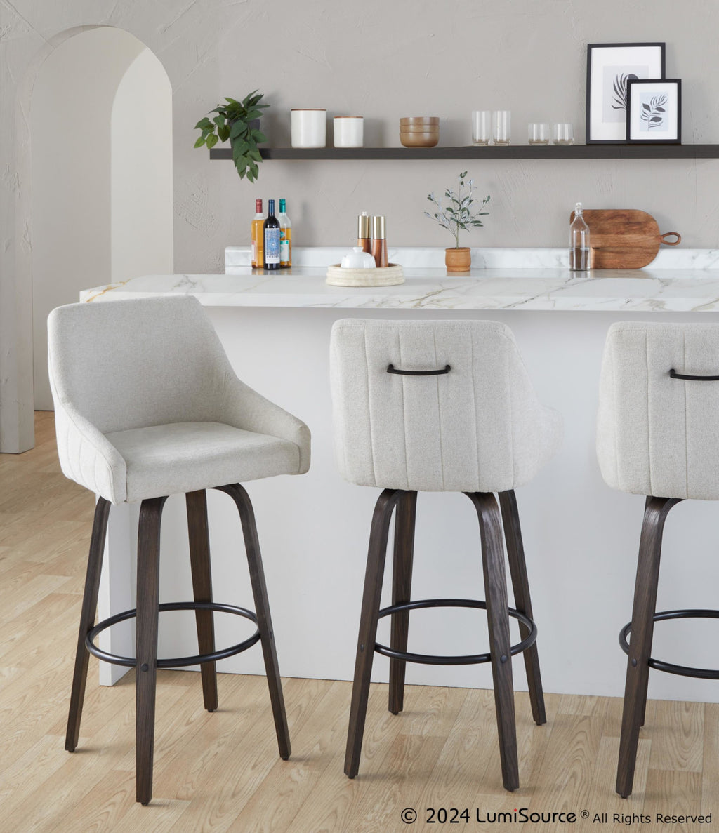 Hannah 30" Fixed-Height Barstool - Set of 2 - Walnut Glazed Wood, Cream Fabric, Black Metal