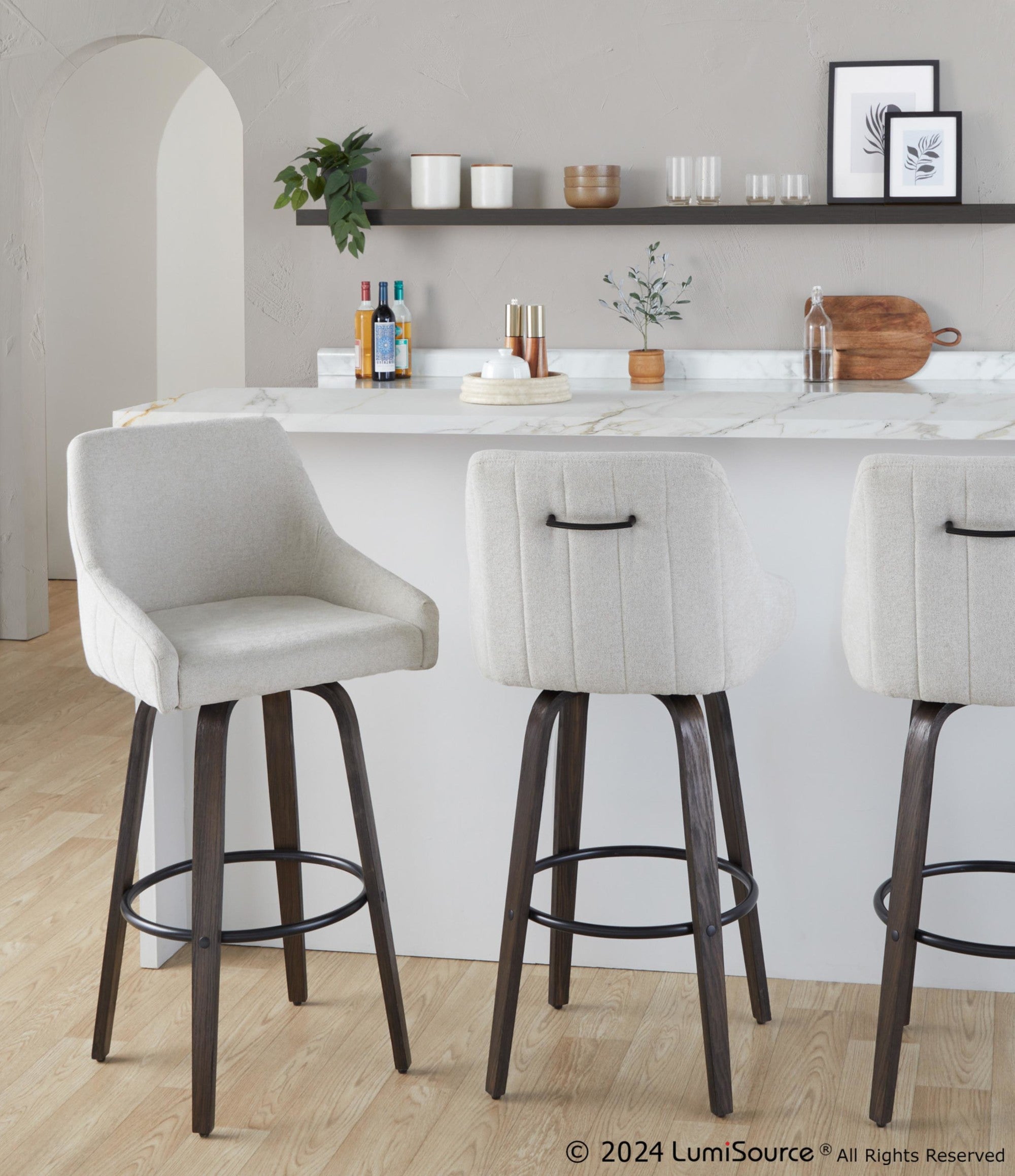Hannah 30" Fixed-Height Barstool - Set of 2 - Walnut Glazed Wood, Cream Fabric, Black Metal