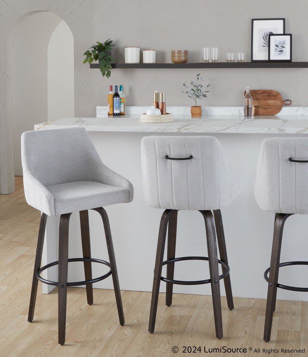 Hannah 30" Fixed-Height Barstool - Set of 2 - Walnut Glazed Wood, Grey Fabric, Black Metal