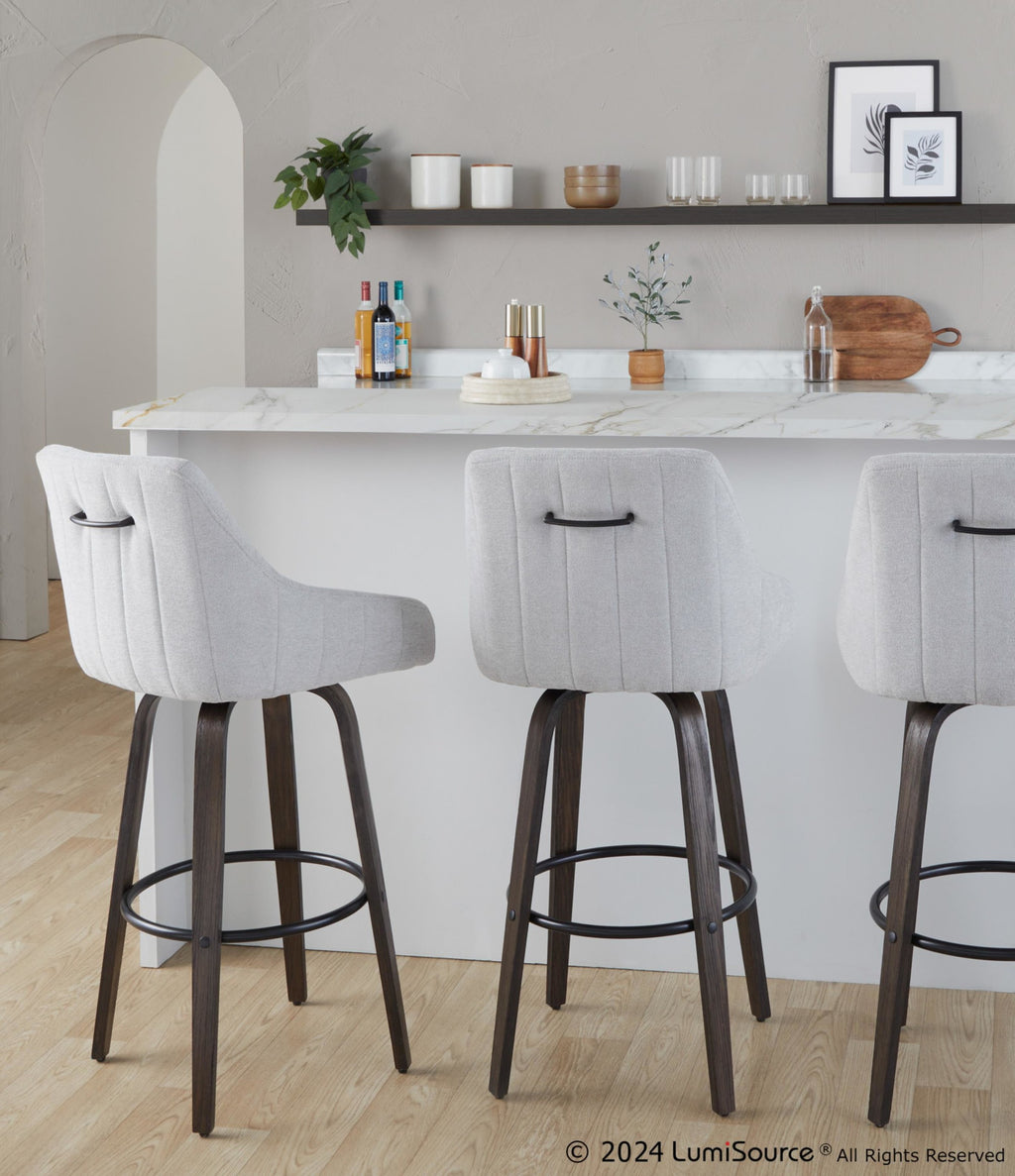 Hannah 30" Fixed-Height Barstool - Set of 2 - Walnut Glazed Wood, Grey Fabric, Black Metal