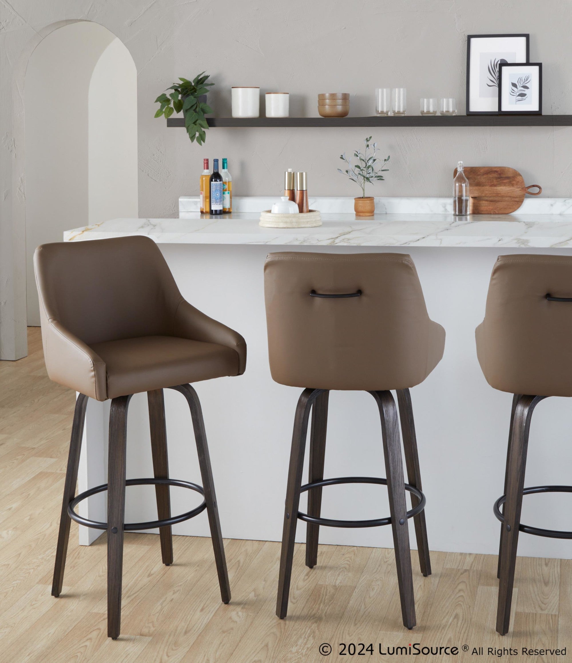 Hannah 30" Fixed-Height Barstool - Set of 2 - Walnut Glazed Wood, Brown PU, Black Metal