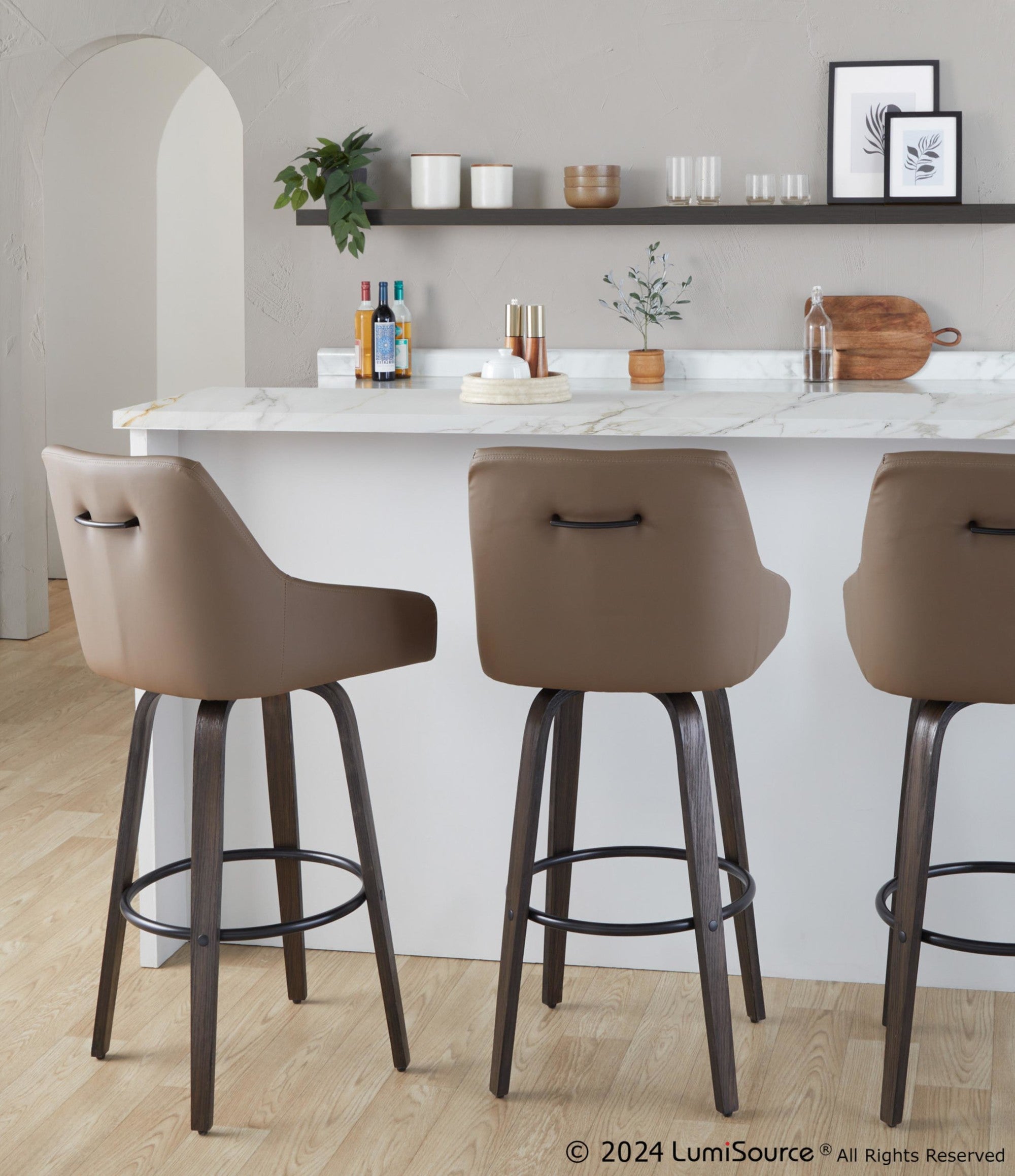 Hannah 30" Fixed-Height Barstool - Set of 2 - Walnut Glazed Wood, Brown PU, Black Metal