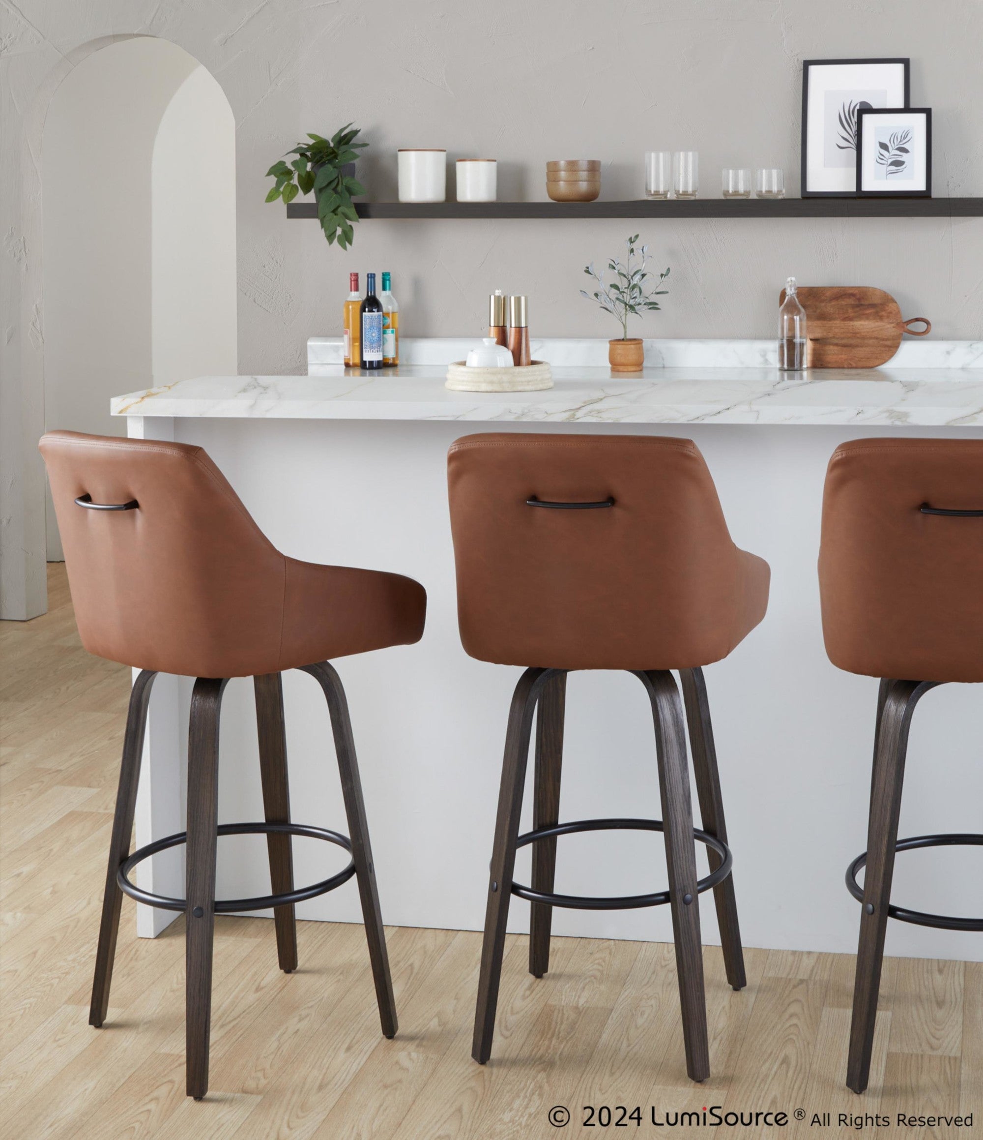 Hannah 30" Fixed-Height Barstool - Set of 2 - Walnut Glazed Wood, Camel PU, Black Metal