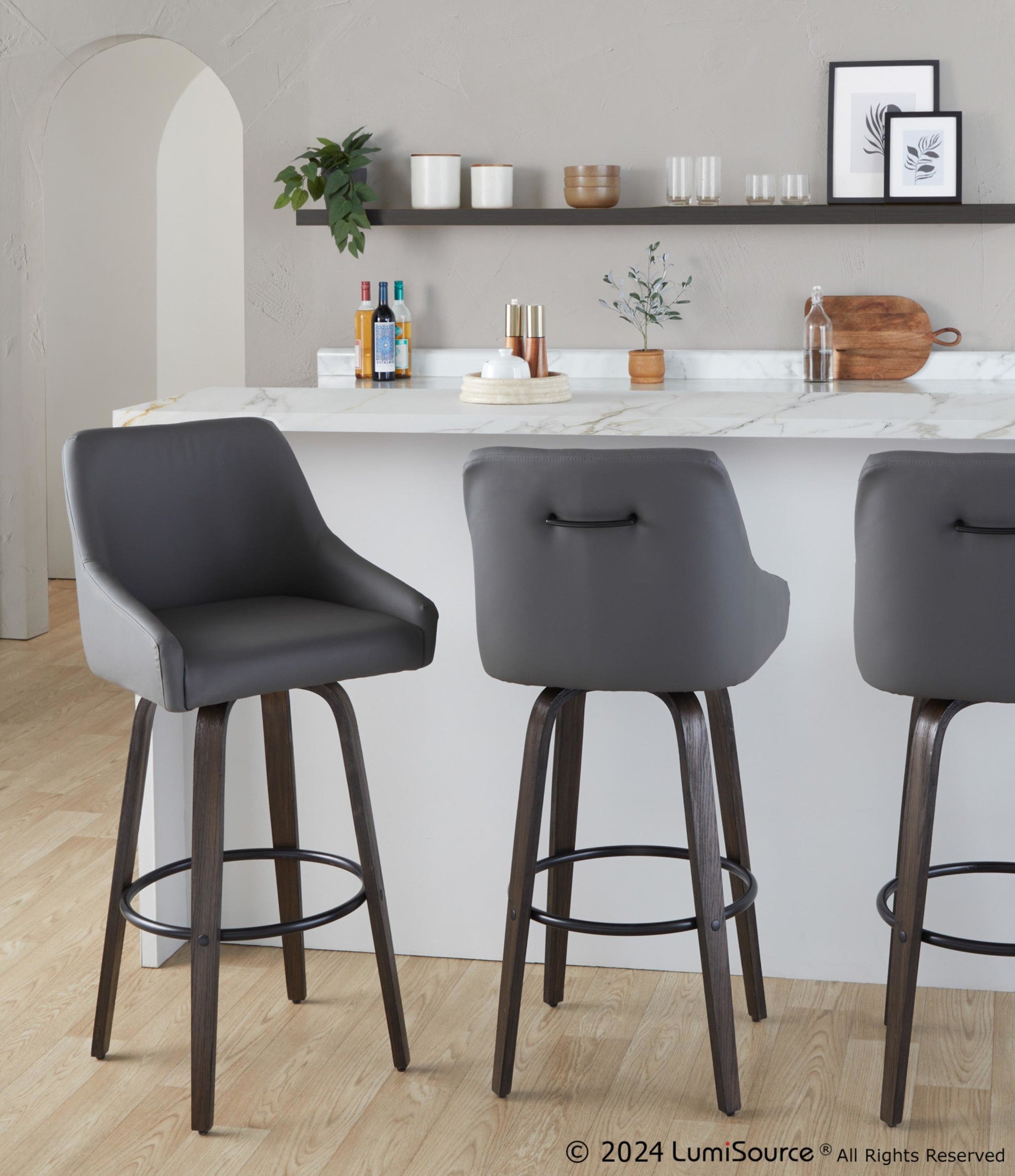 Hannah 30" Fixed-Height Barstool - Set of 2 - Walnut Glazed Wood, Dark Grey PU, Black Metal