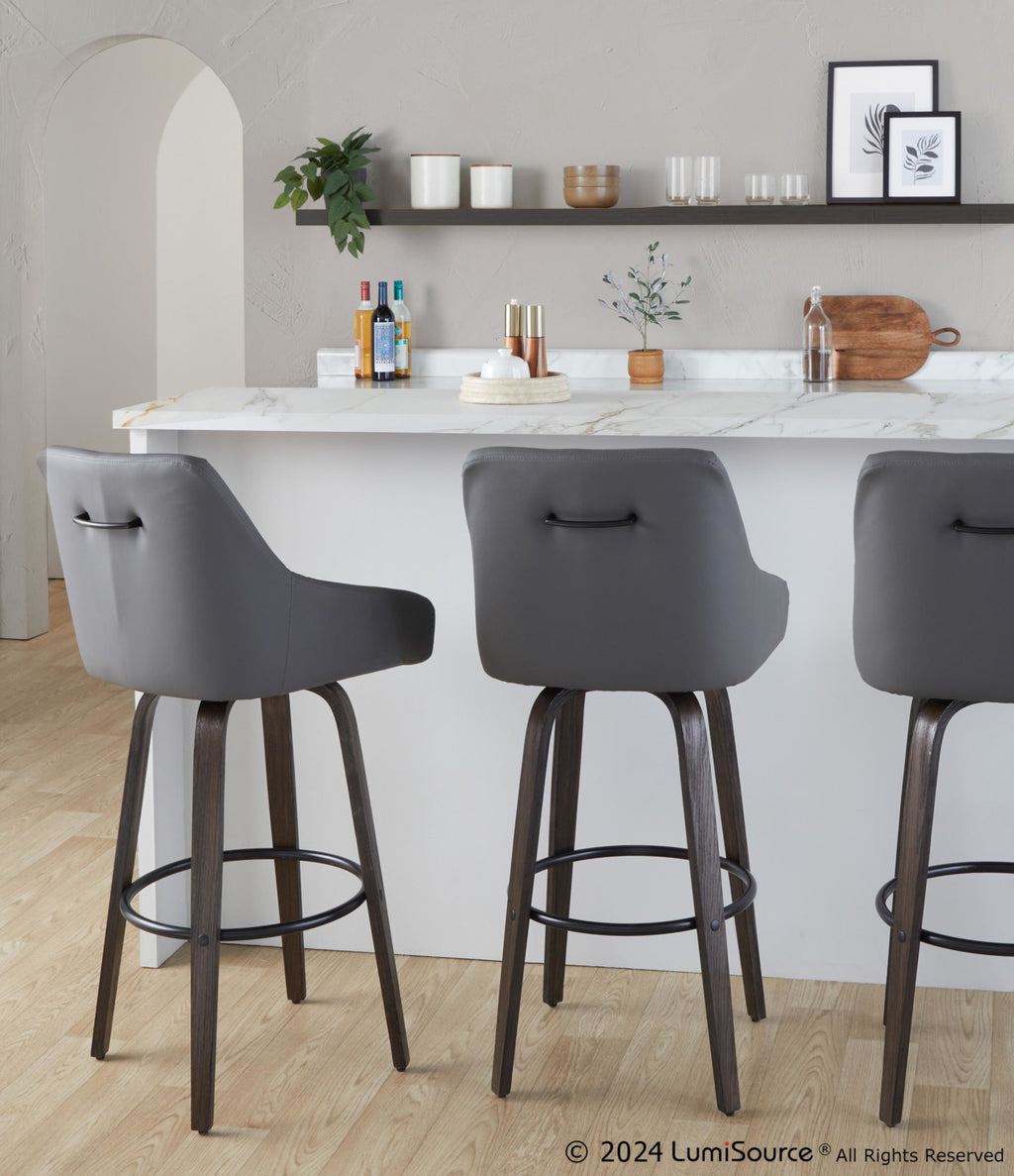 Hannah 30" Fixed-Height Barstool - Set of 2 - Walnut Glazed Wood, Dark Grey PU, Black Metal