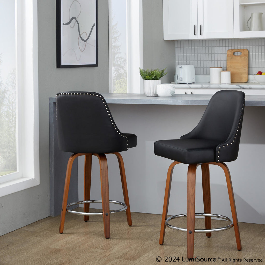 Studded Marcel 26" Fixed-Height Counter Stool - Set of 2 - Walnut Wood, Black PU, Chrome Metal