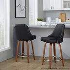 Studded Marcel 26" Fixed-Height Counter Stool - Set of 2 - Walnut Wood, Black PU, Chrome Metal
