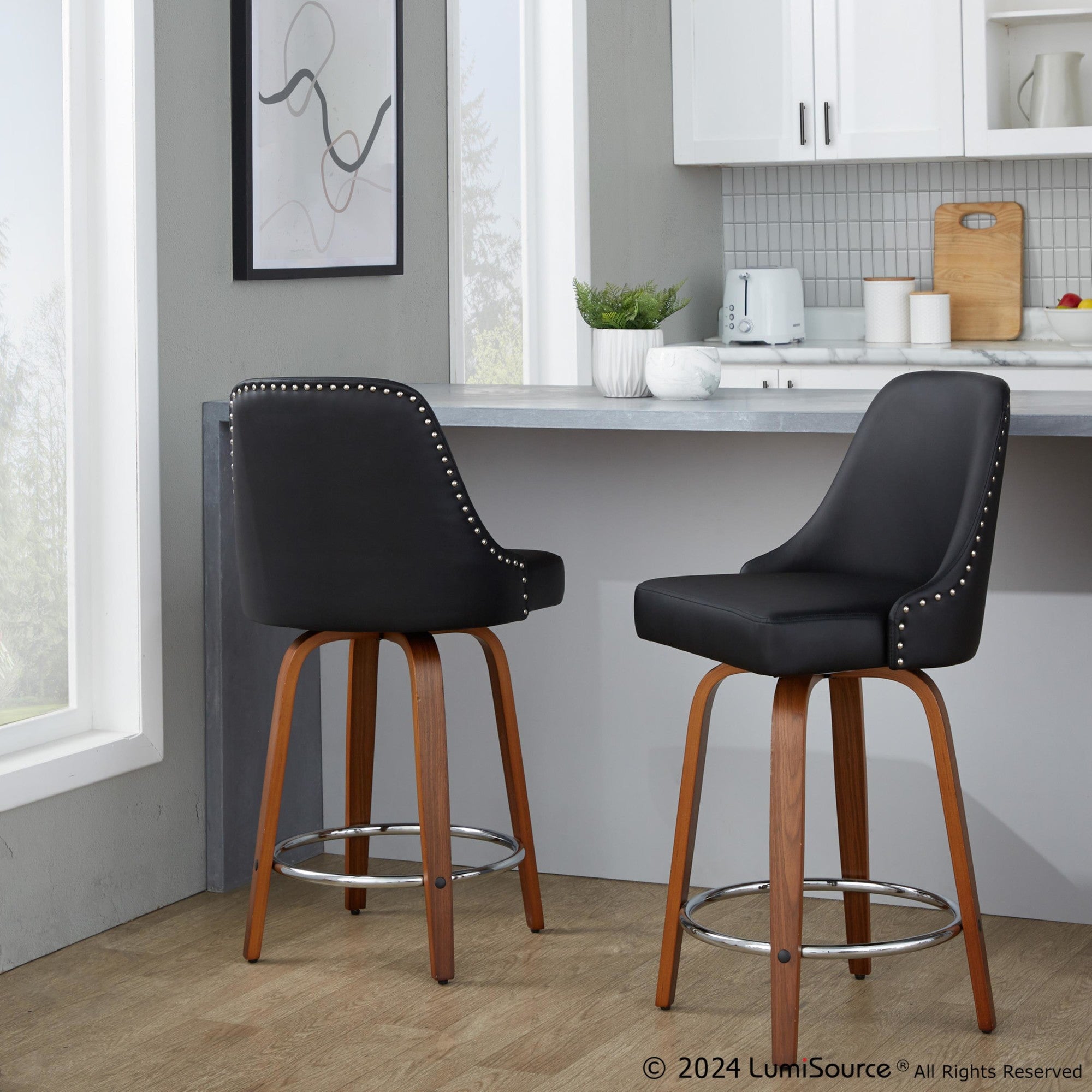 Studded Marcel 26" Fixed-Height Counter Stool - Set of 2 - Walnut Wood, Black PU, Chrome Metal